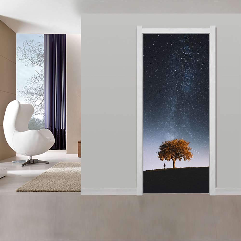 Stickers mural porte 3D ciel étoilé en vinyle auto-adhésif pour déco de chambre 73x205 cm