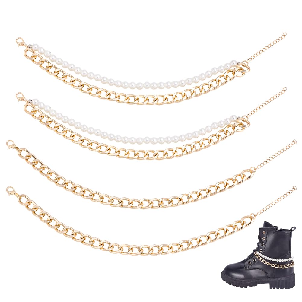PH PandaHall 4 Stück Goldene Schuh Charms Chains Perle Schuh-Ketten 2 Stile Aluminium Boot Strap Kette Layered Boot Kette Metall Schuhe Accessoire Dekor für DIY Casual Schuhe Tasche Kleidung Crafts