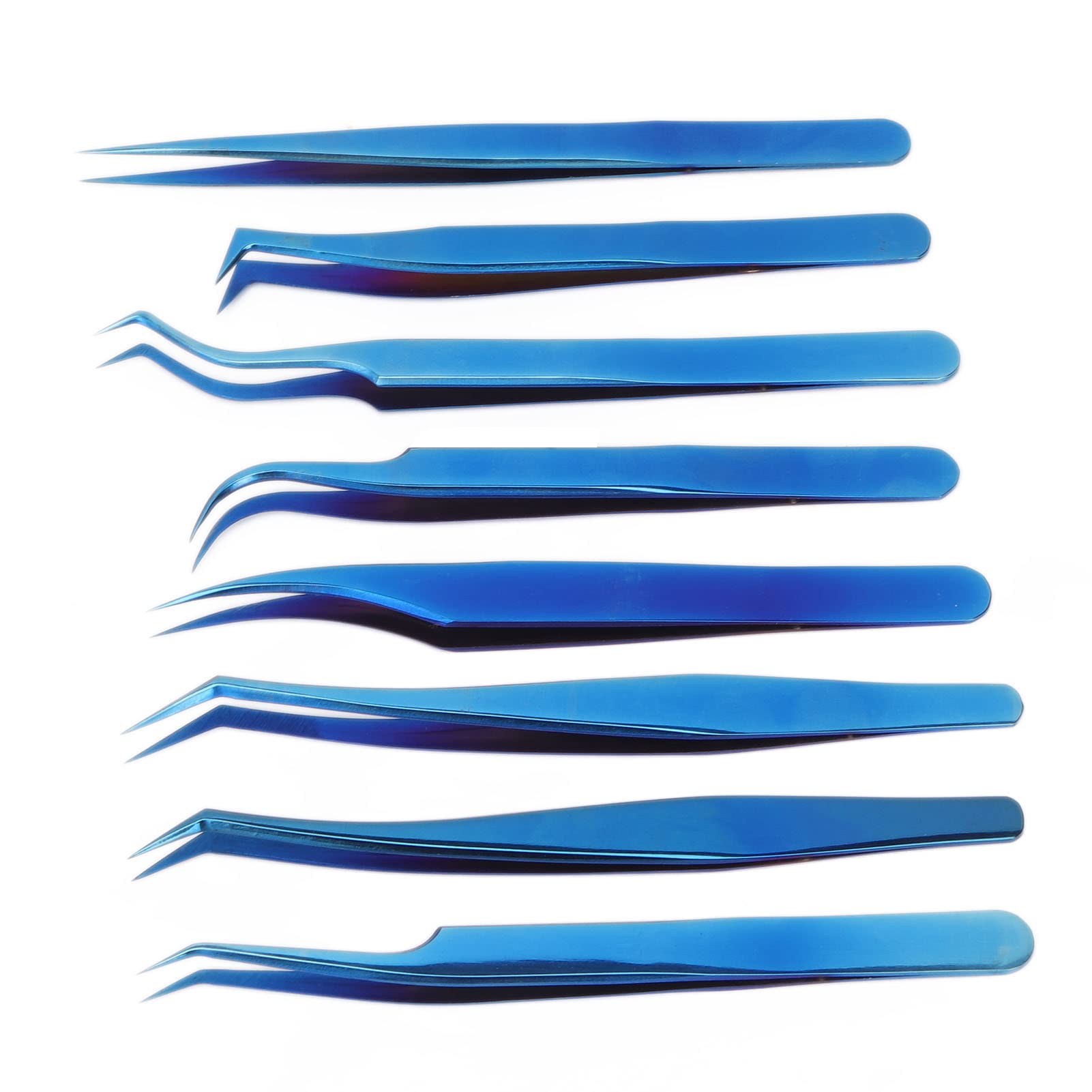 Juego de pinzas de extensión de pestañas, acero inoxidable profesional, titanio azul, 8 piezas, punta fina, diseño ergonómico para artistas de pestañas principiantes