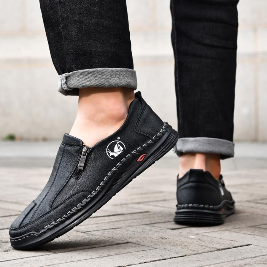 Men's Casual Slip On Leather Loafers Lightweight Hand-Sewn Moccasin Driving Shoes Comfortable Walking Side Zipper Non-Slip Dress Shoes3