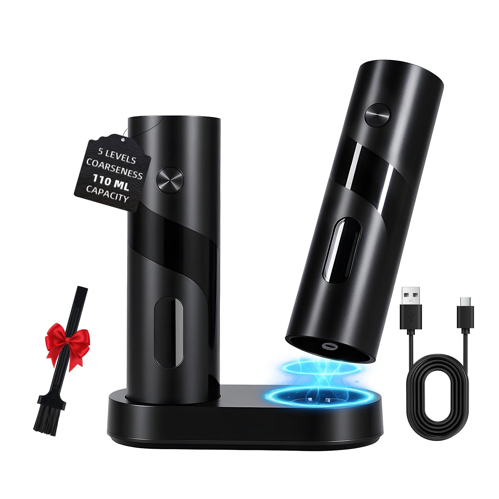 Electric Salt and Pepper Mill Set with Charging Station, 110ml Capacity, Rechargeable Salt Mill with 5 Levels, Ceramic Mill with Brush