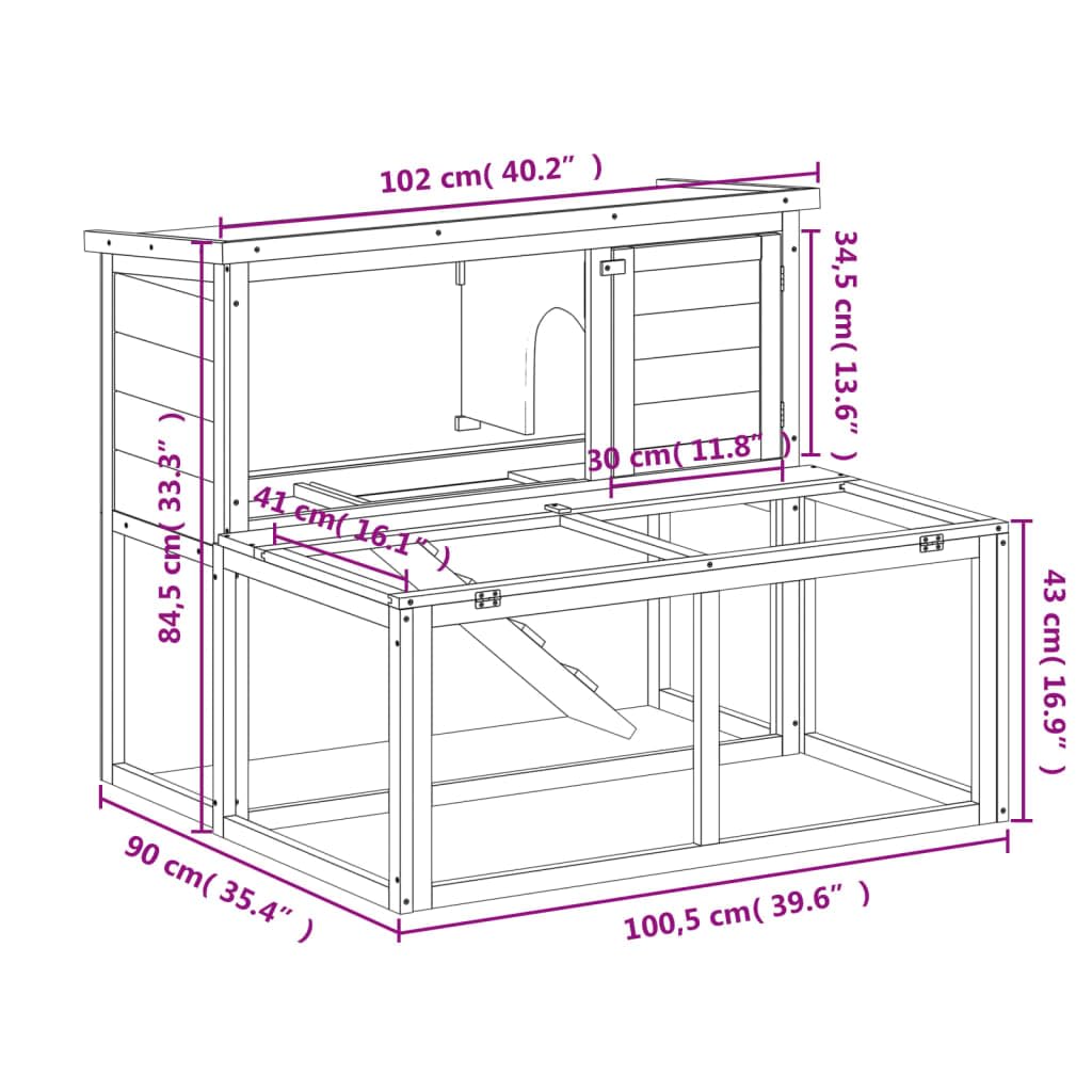 Conejera gris de madera de pino maciza, 102 x 90 x 84,5 cm, con cercado y techo impermeable para animales pequeños como conejos, cobayas, hámster, ideal para jardín