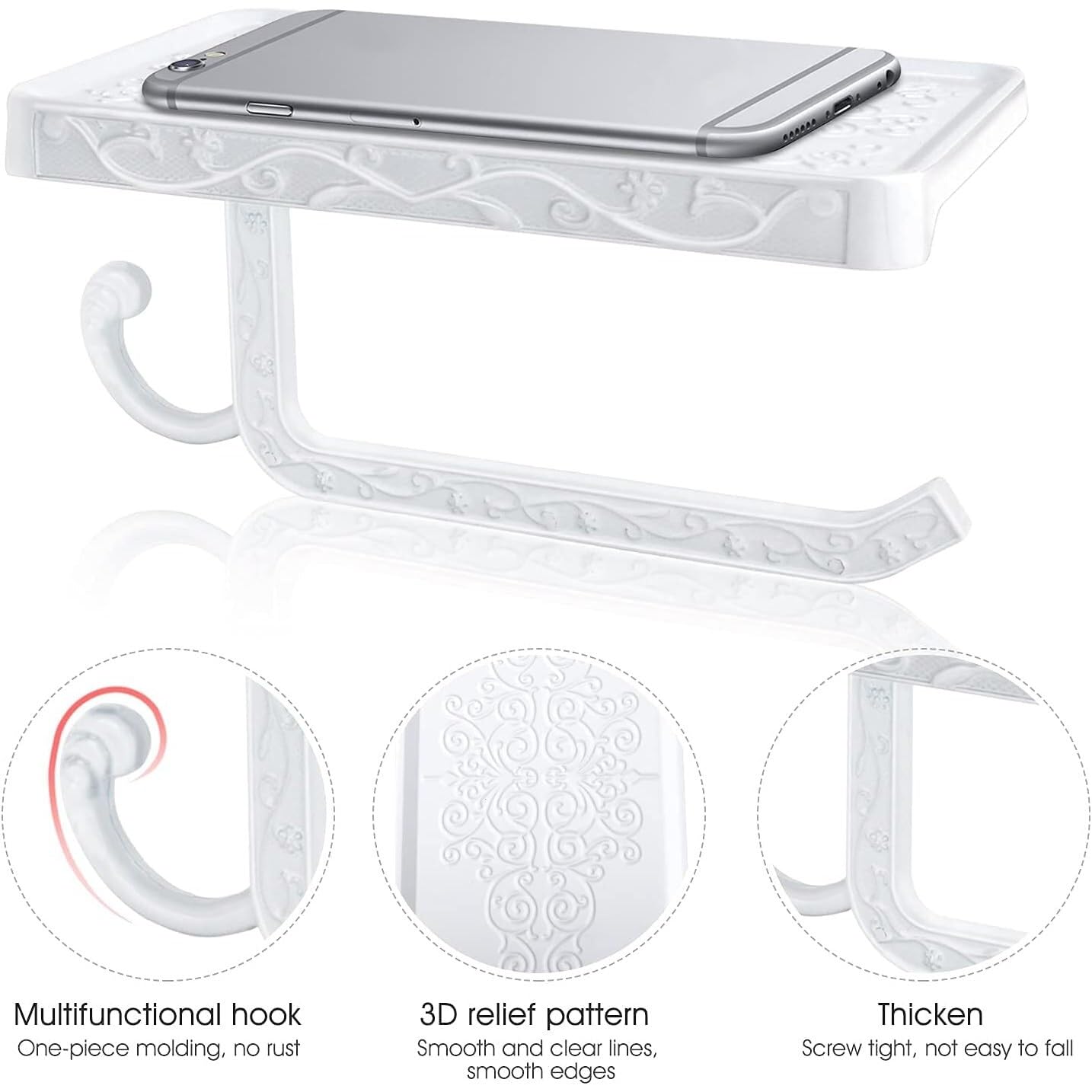 Vintage Toilet Paper Holder Wall Mount Toilet Roll Holder with Shelf and Hook Bronze Antique Bathroom Accessories Toilet Tissue Roll Holder Hanger Aluminum Material (White) - Image 4