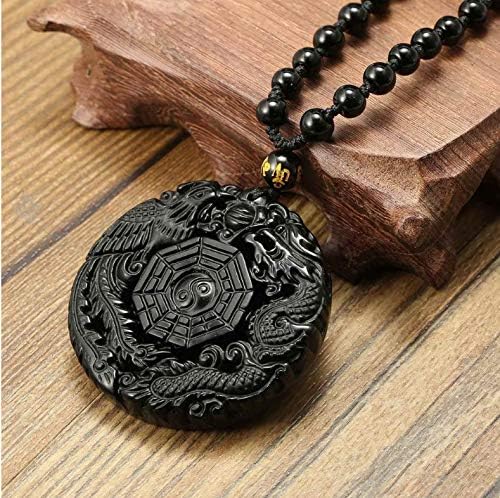 Obsidian Gemstone Pendant Black Hand Carved Pendant Necklace Dragon Phoenix Lucky Amulet Maitreya Auspicious Jewelry
