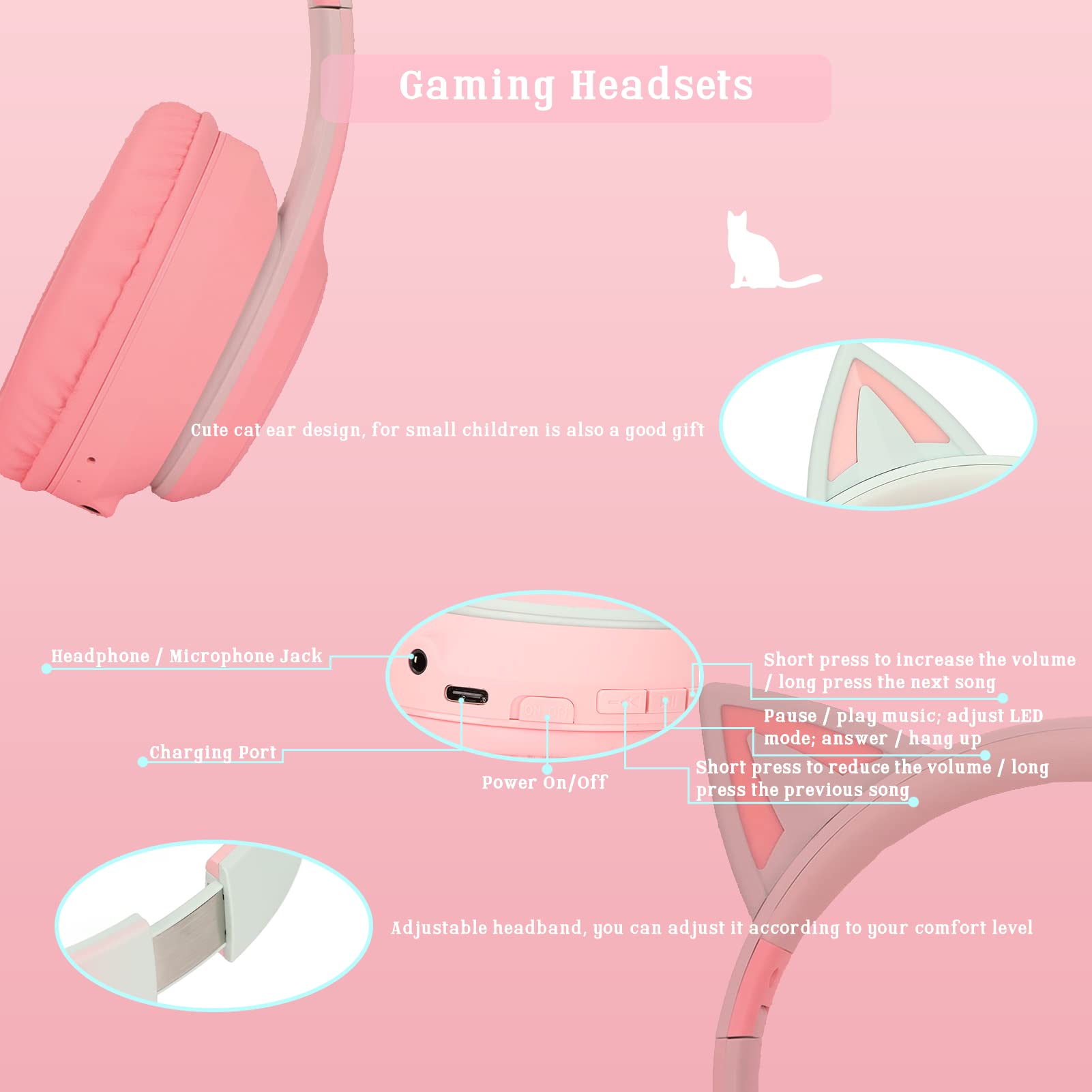 Gugxiom Auriculares Cat Ear, Auriculares Inalámbricos para Juegos A Través De Bluetooth 5.1/3.5mm AUX Cable, Auriculares Plegables con Luces LED De 7 Colores Y 4 Modos LED para Niñas, Adultos(Rosado)