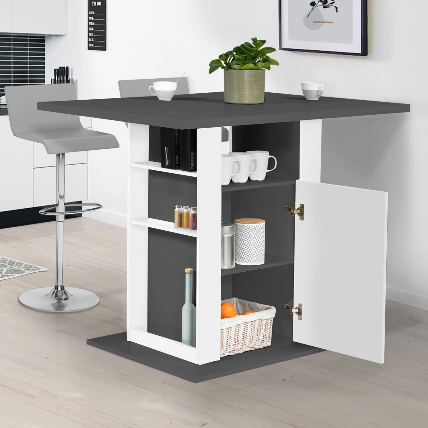 IDMarket - Ilot Central UGO 110 cm Plateau Bois Gris et Blanc avec rangements