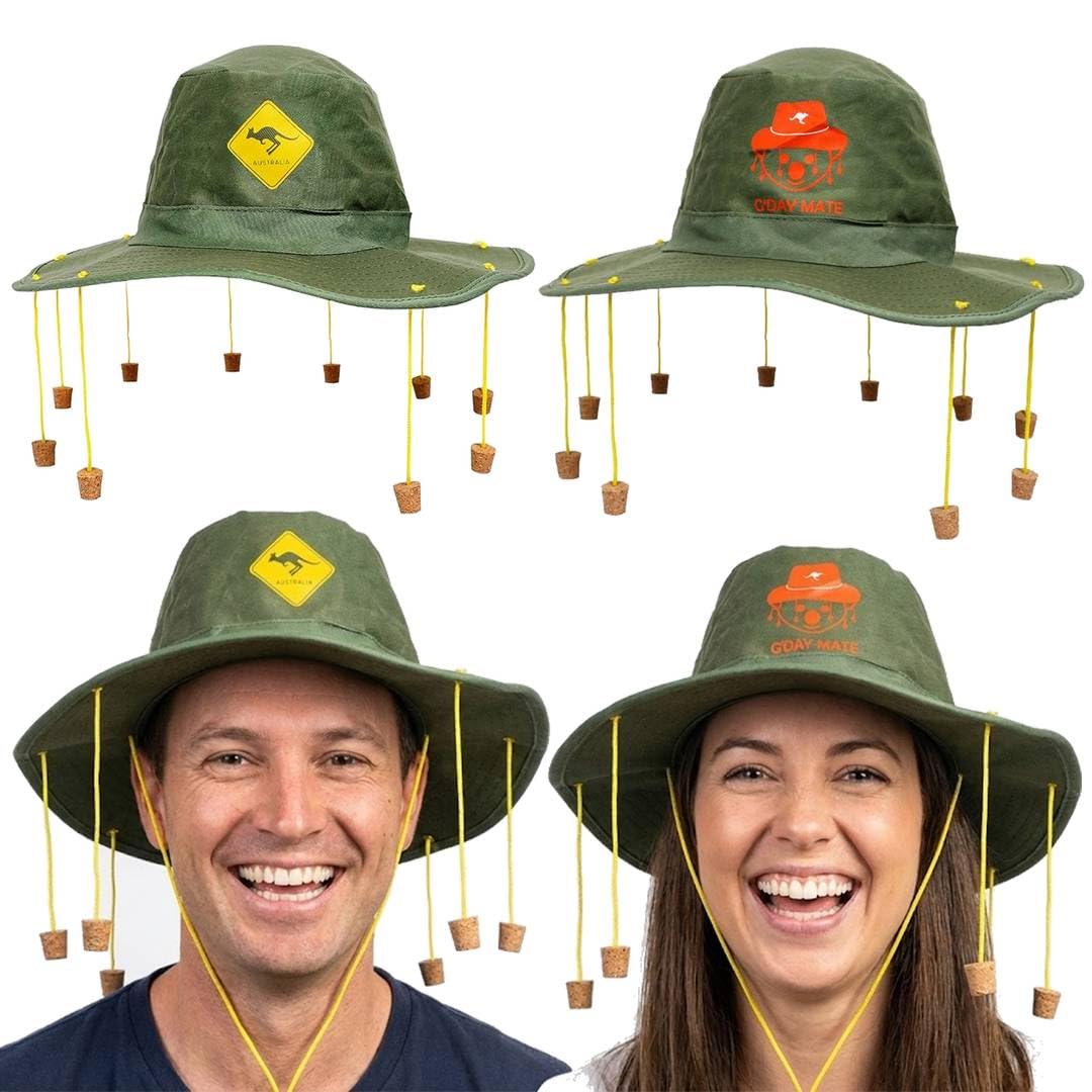 Australia Cork Hat Pack of 2 – Green Hats with Hanging Corks, One Kangaroo Print and One Koala Print – Australian Fancy Dress Costume Accessory for Australia Day, Parties, Festivals