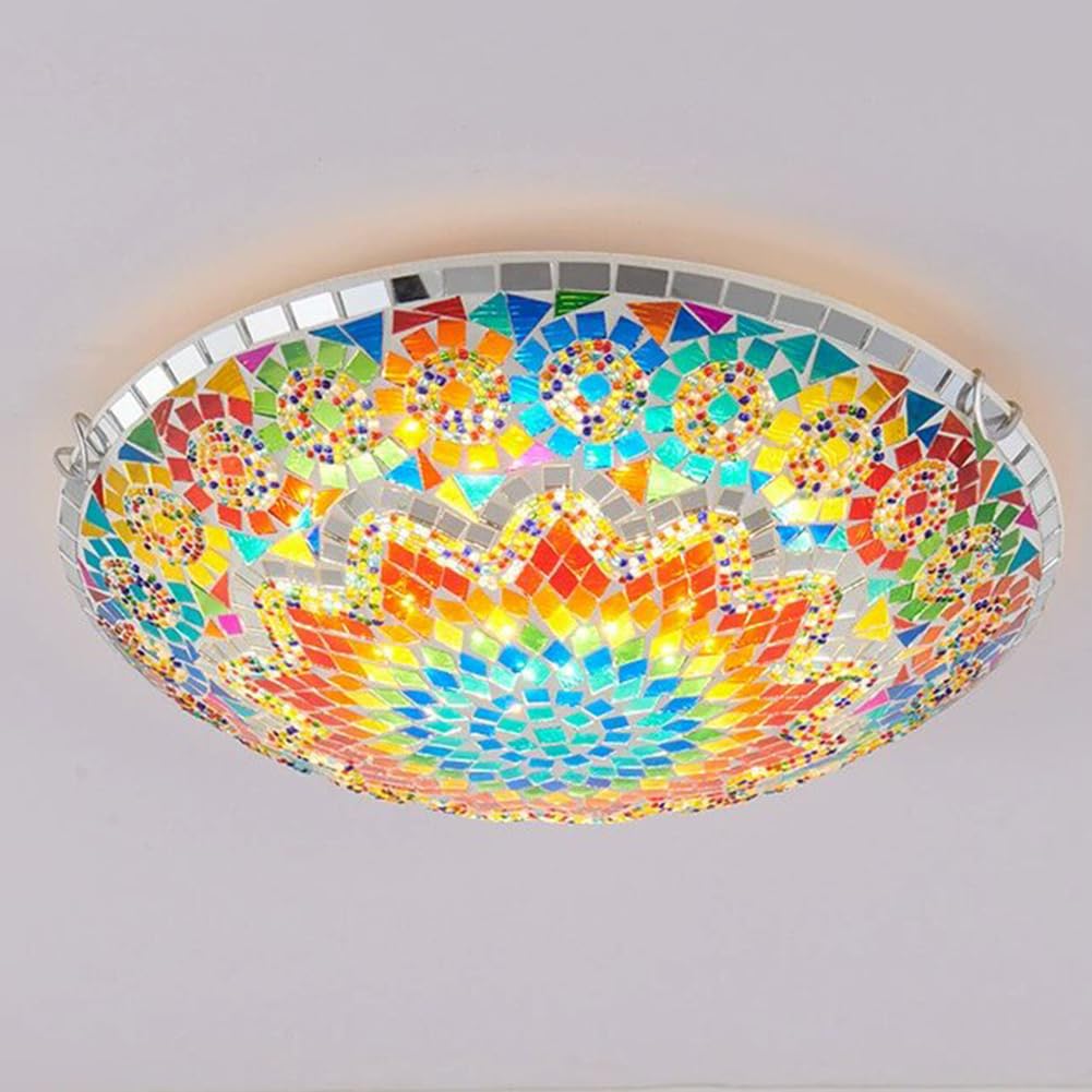 LOGT Tiffany Ceiling Light: Colourful Glass, Handcrafted Ceiling Lamp, Round, Rustic Style, Retro Tiffany Lamp Mediterranean Baroque Living Room Light Glass Lampshade for Bedroom Living Room,30CM