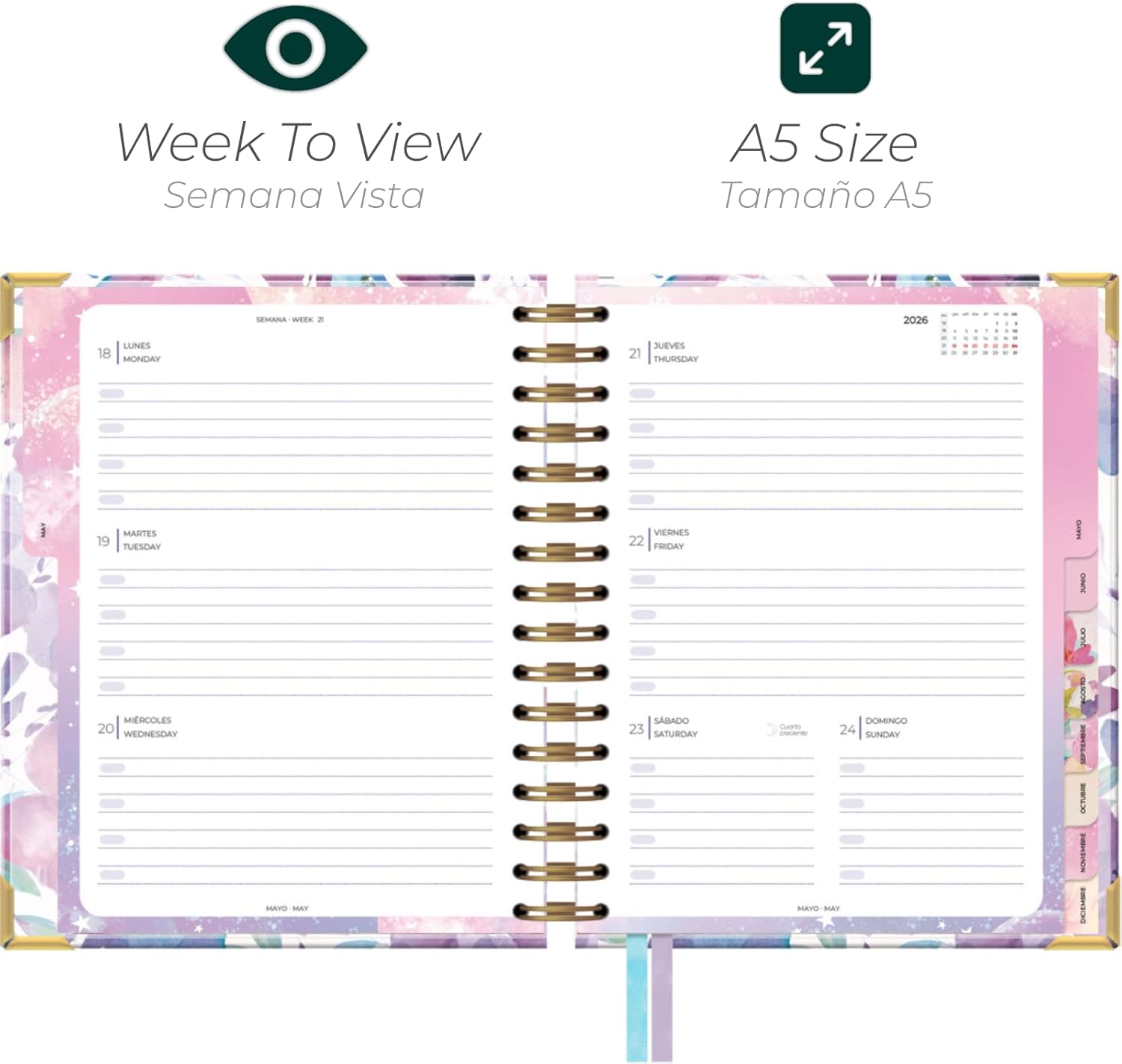 Diary 2026 - A5 Size (16.5x20.5 cm), Week-to-View, 12-Month Annual Planner January to December, Double Gold Spiral, Dual Bookmark, Elastic Band, Spanish & English - Carla