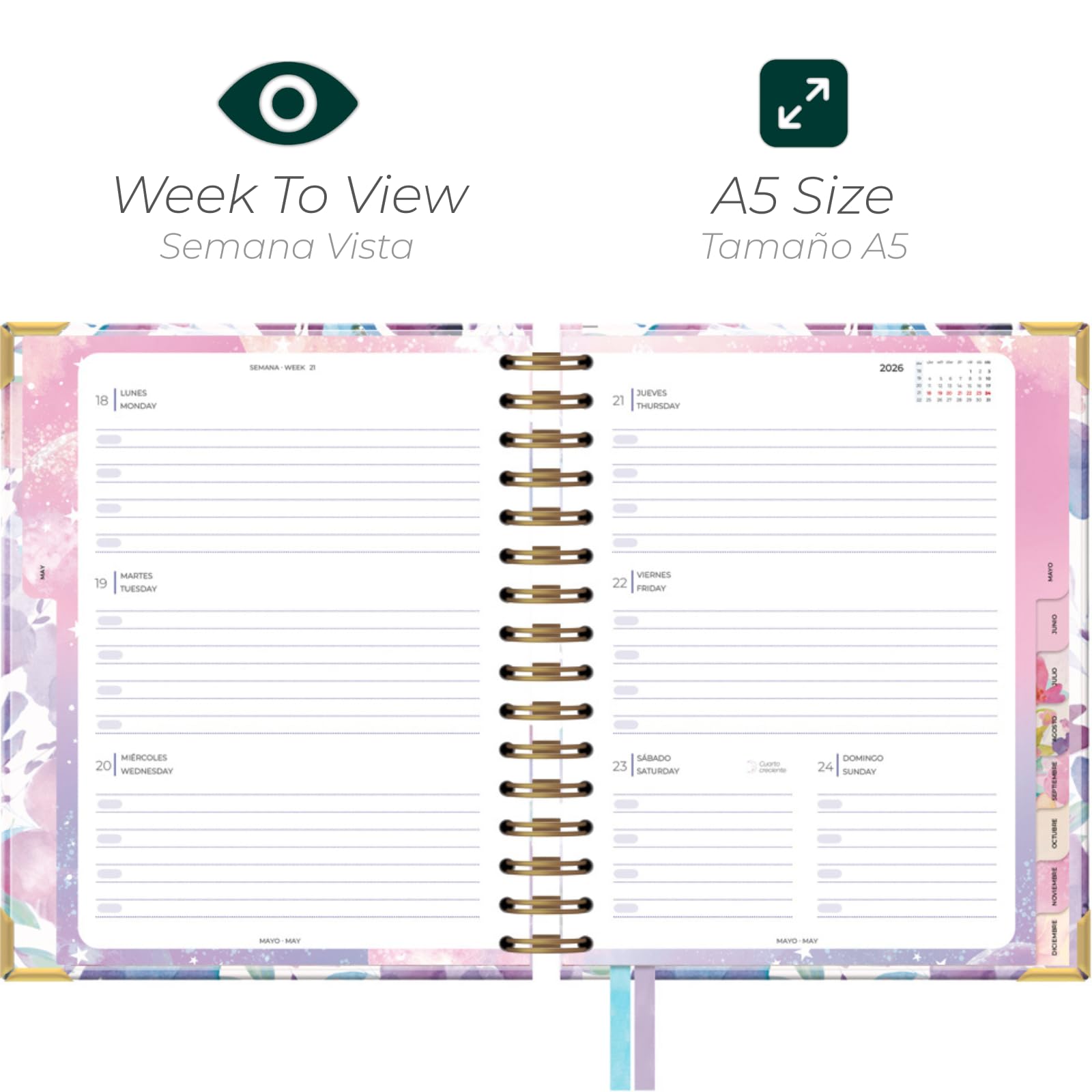 Takenote Diary 2026 - A5 Size (16.5x20.5 cm), Week-to-View, 12-Month Annual Planner January to December, Double Gold Spiral, Dual Bookmark, Elastic Band, Spanish & English - Carla - Image 2