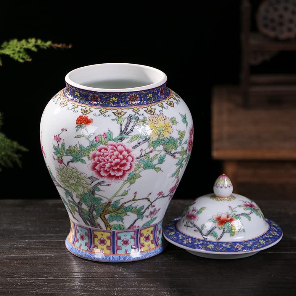 Ceramiczny garnek do imbiru z pokrywką do dekoracji domu, tradycyjny chiński naczynie świątynne z motywami kwiatów i ptaków, ręcznie wykonany wazon porcelanowy z Jin(A)