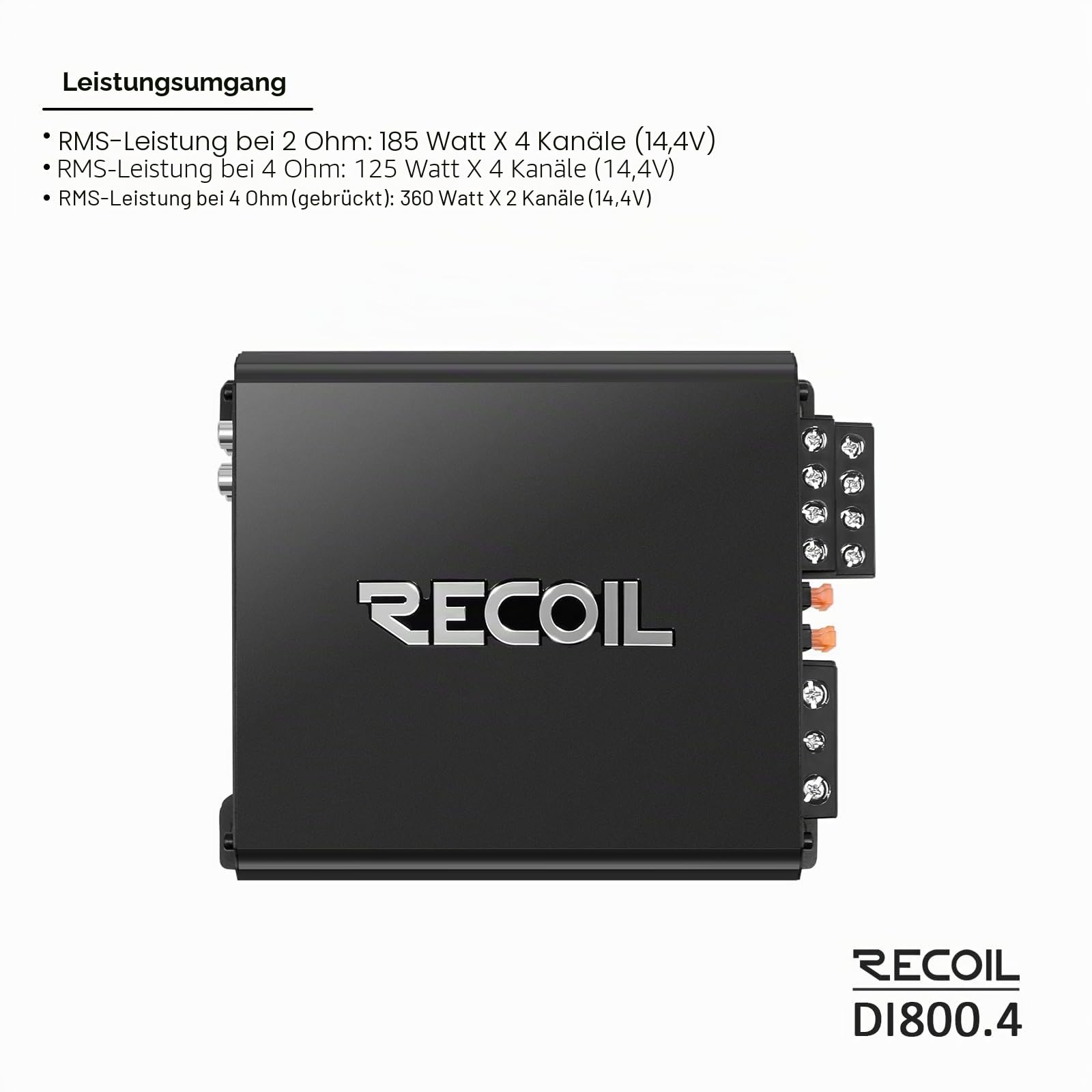 RECOIL DI800.4 Full-Range Class-D 4-Kanal Auto-Audio-Verstärker, 1500 Watt, 2-4 Ohm stabil, Mosfet-Stromversorgung, brückbar