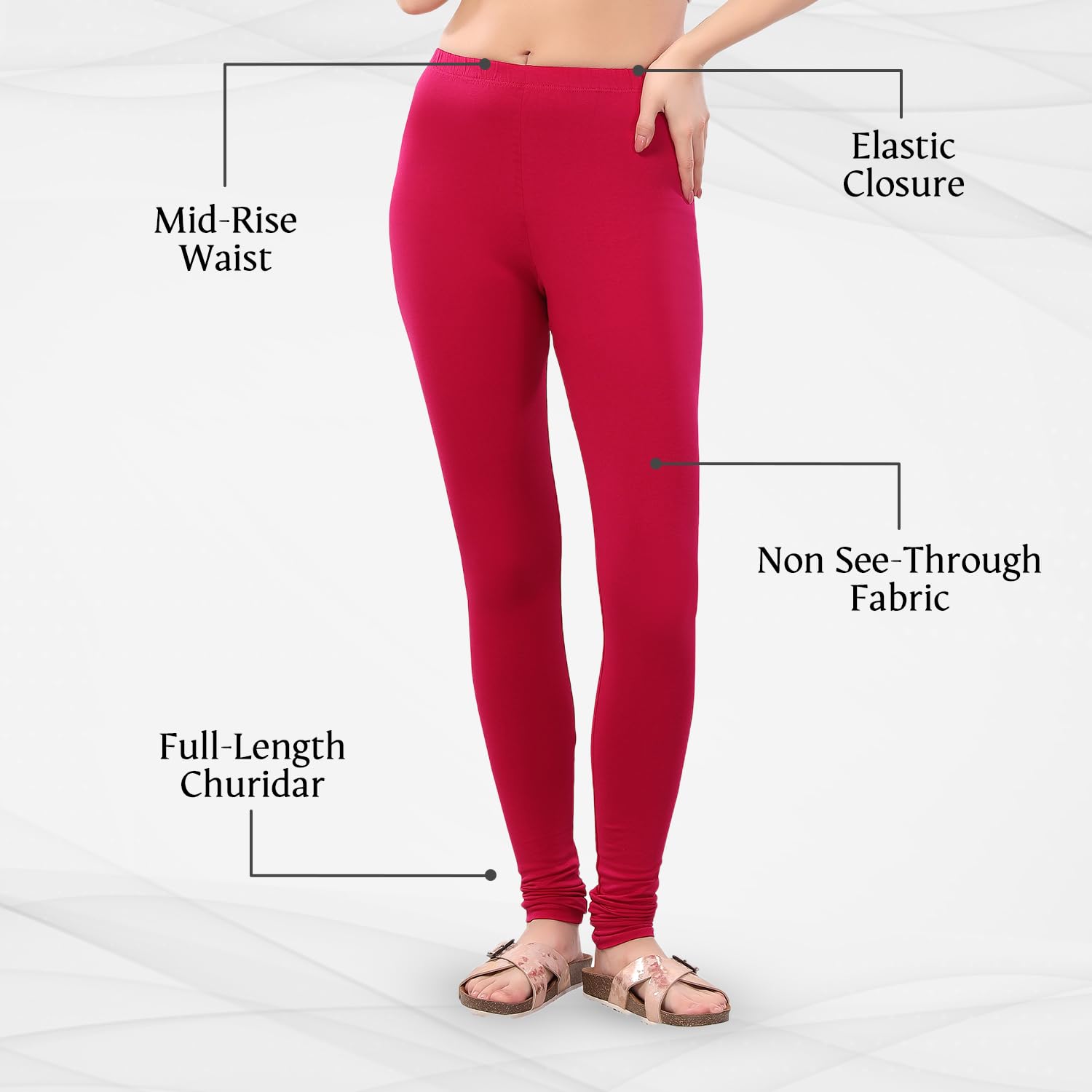 TRASA Ultra Soft Cotton 4 Way Stretchable Solid Regular and Plus Churidar Leggings for Women's and Girls - Size - XL - Dark Pink - Image 3 thumbnail