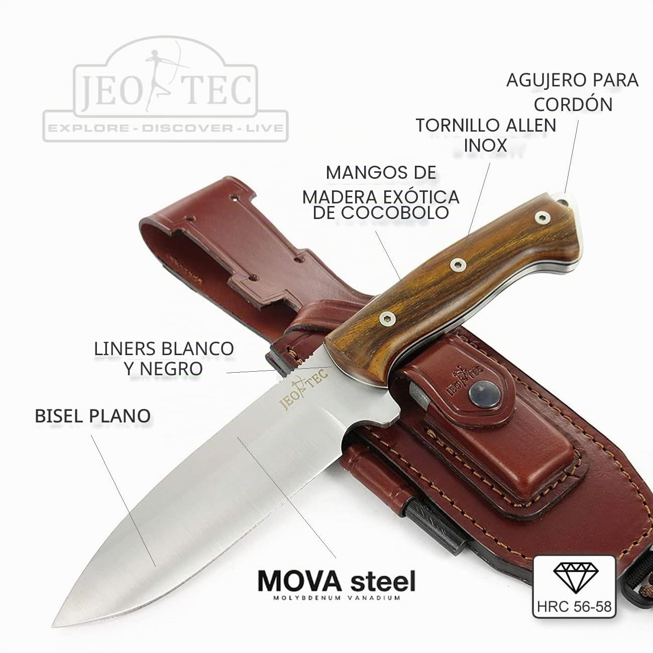 JEO-TEC Nº39 - Cuchillo Supervivencia Caza Monte bushcraft Camping Outdoor Campo - Funda de Piel - Acero MOVA 58 - Fabricado en España