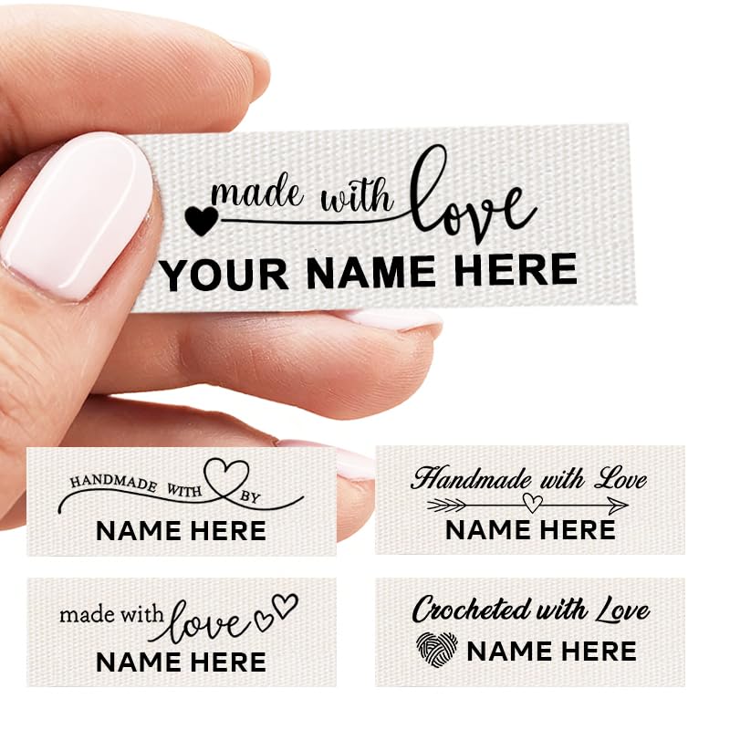 Custom Cotton Tags Fabric Labels Personalized Sewing Labels for Handmade Items Made with Love Sewing Tags Ideal for Quilters Knitters Crafters Machine Washable (50Pack 20x57mm)
