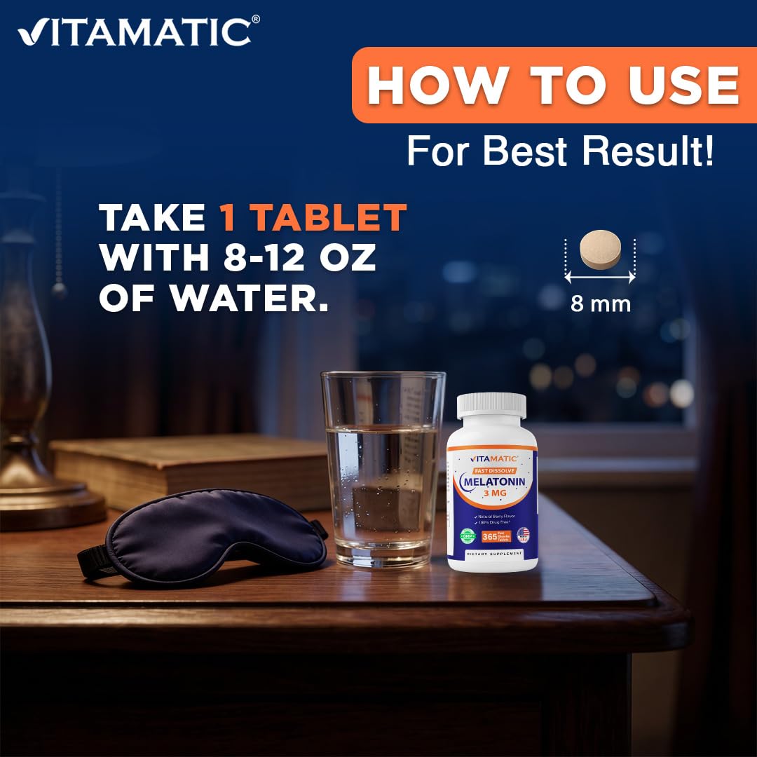 Vitamatic Melatonin 3 mg Fast Dissolve Tablets, Berry Flavor, 365 Count — Amazon image 6