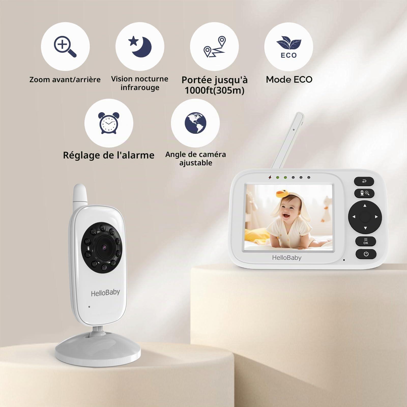 HelloBaby Babyphone Caméra sans WiFi, Caméra Surveillance Bébé 3,2'' IPS, Caméra de Surveillance bébé, Vision Nocturne, Mode ECO/VOX, Portée Étendue 305m, 2 Câbles USB, HB2438