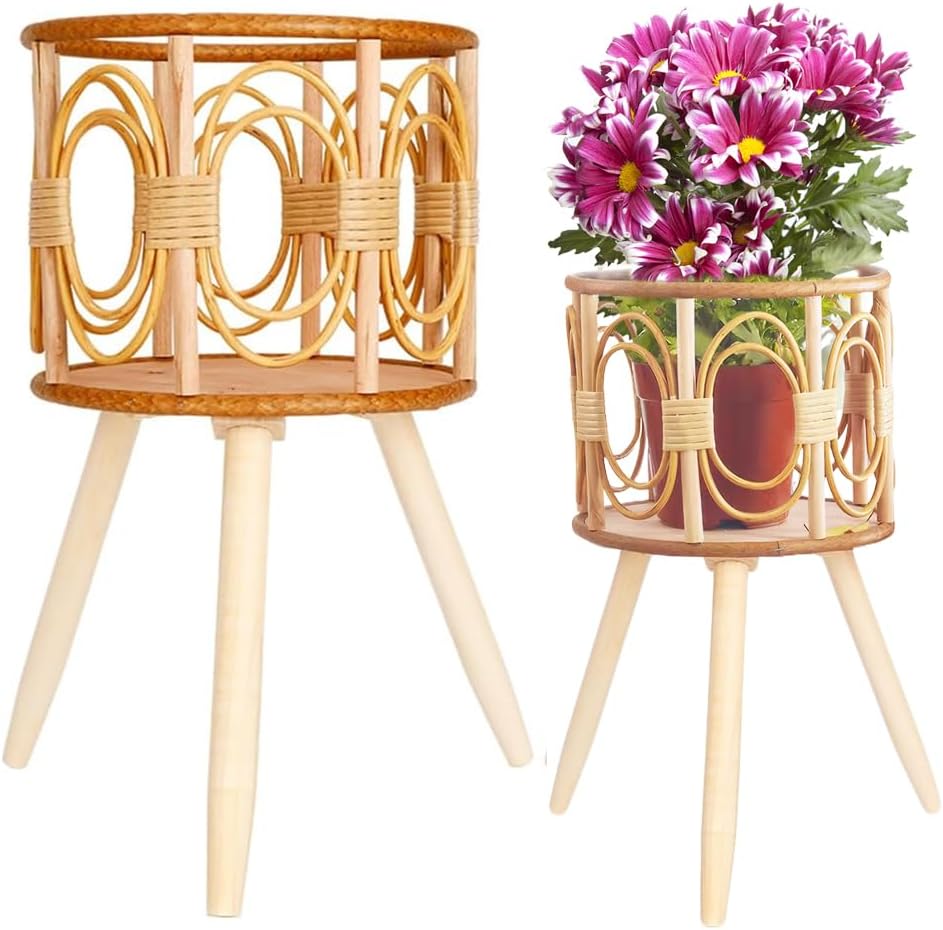 Boho Rattan Plant Stand Indoor Outdoor - 2 Rattan Wicker Planter Shelf for Multiple Plants, Mid Century Modern Wooden Flower Pot Holder with Stand, Farmhouse Home Decor for Living Room