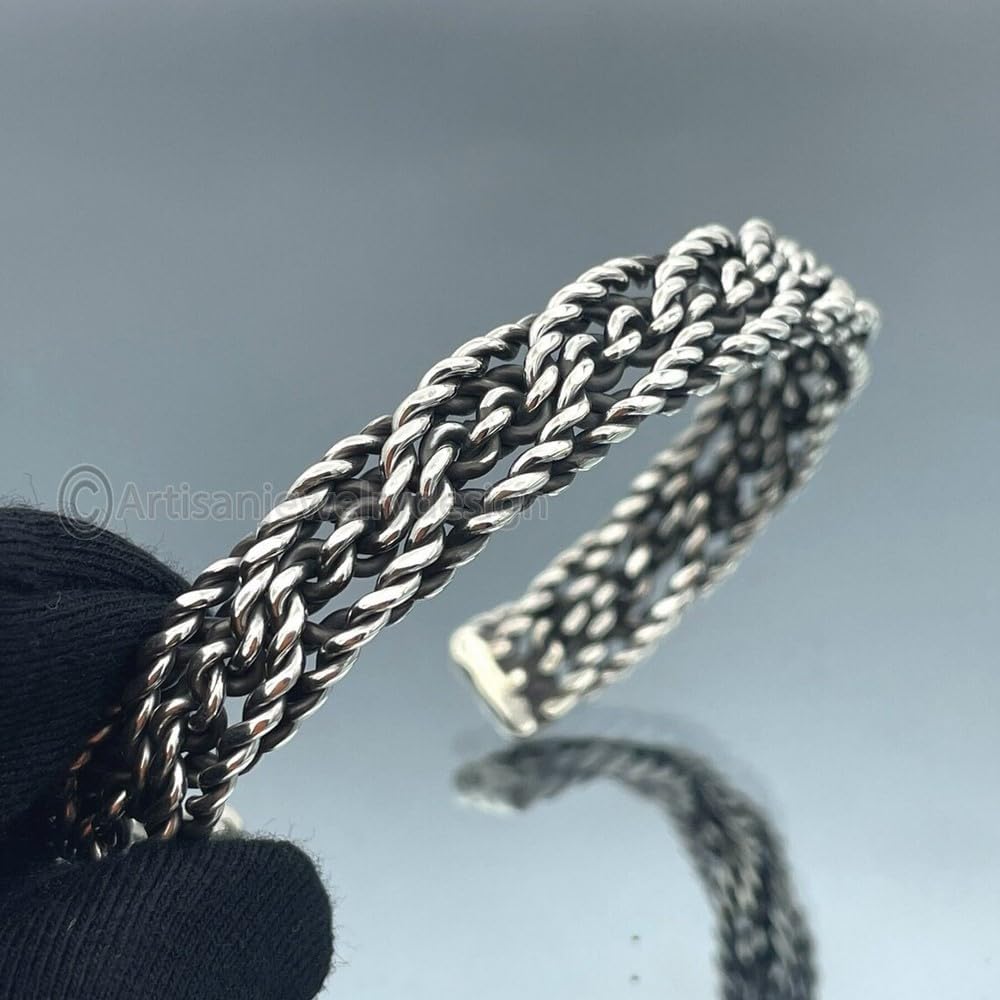 925 Sterling Silver Cuff Bracelet for Men, Handmade Adjustable Bangle, Ottoman Embroidered Silver Design, Boho Bracelet Gift for Him