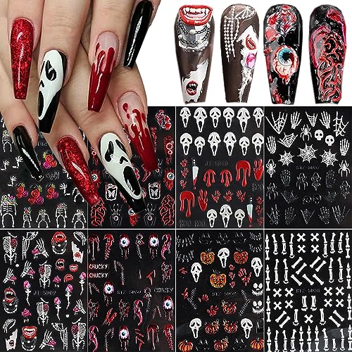 8Sheets Halloween Nail Stickers for Nail Art 5D Embossed Skull Ghost Nail Decals Self-Adhesive Pumpkin Spider Bat Eyes Skeleton Designs Horror Goth Nail Art Stickers for Women DIY Manicure Decoration