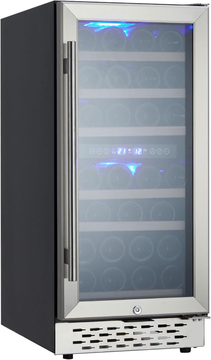 15 Inch Wine Cooler Refrigerator - 28 Bottle Capacity, Double-Layer Glass Door, Temperature Stable System, Digital Control, Single Area Dual Temperature, Built-in or Freestanding, with Lock