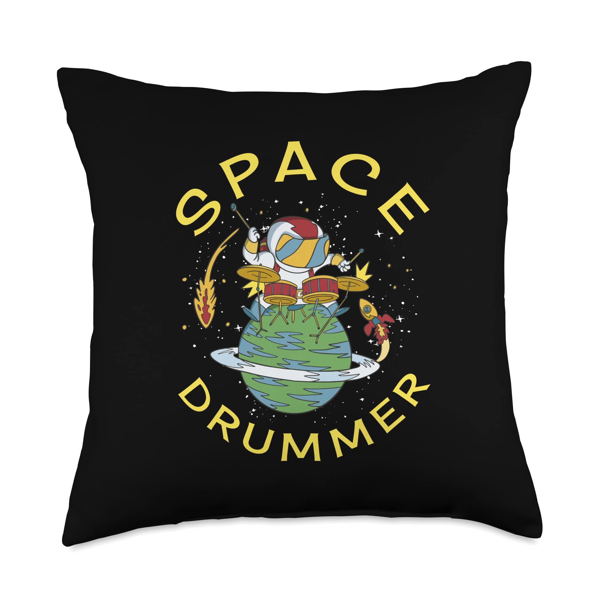 Sci Fi Metronaut Galaxy & Solar System Astros KidsSci Fi Metronaut Galaxy & Solar System Astros Kids Space Drummer-Astronaut Playing Drums on Planet Saturn Throw Pillow, 18x18, Multicolor