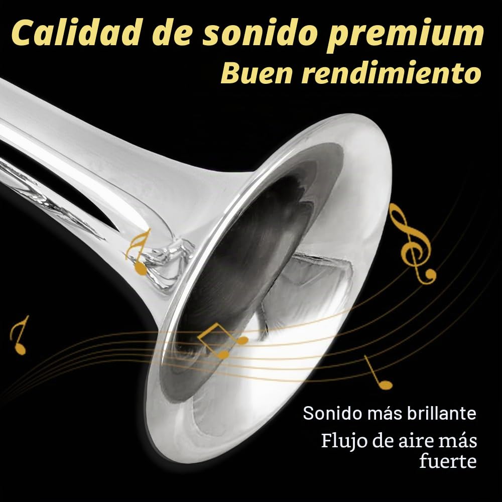 Yinfente Juego de trompeta estándar Bb para principiantes o avanzados, instrumento de trompeta de latón para estudiantes con estuche duro, boquilla 7C, kit de limpieza, guantes blancos plateados