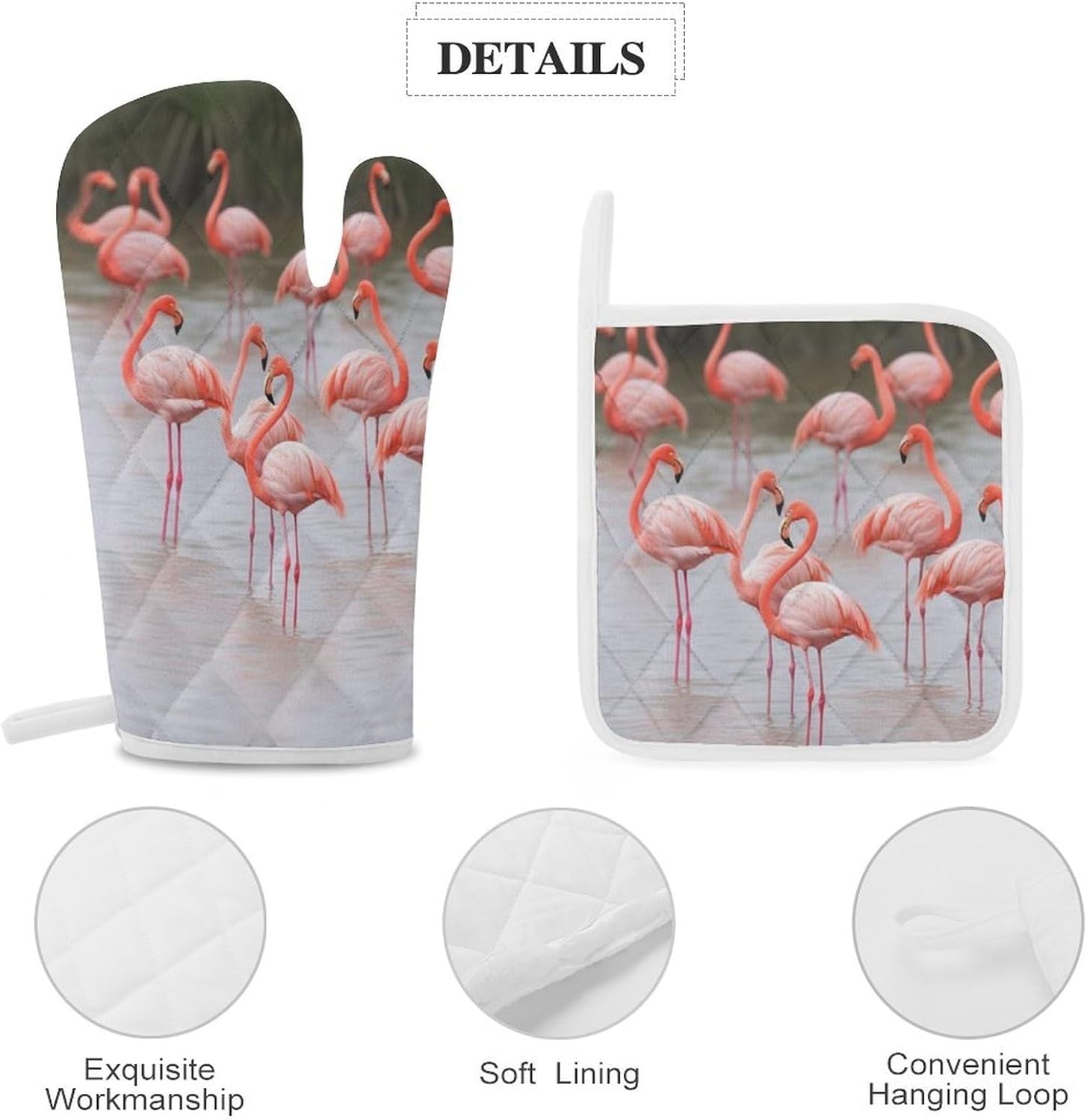 4-Piece Oven Mitts and Pot Holders Set Pink Flamingos Printed Heat-Resistant Polyester Kitchen Gloves and Potholders Comfortable & Durable for Cooking Baking and Grilling