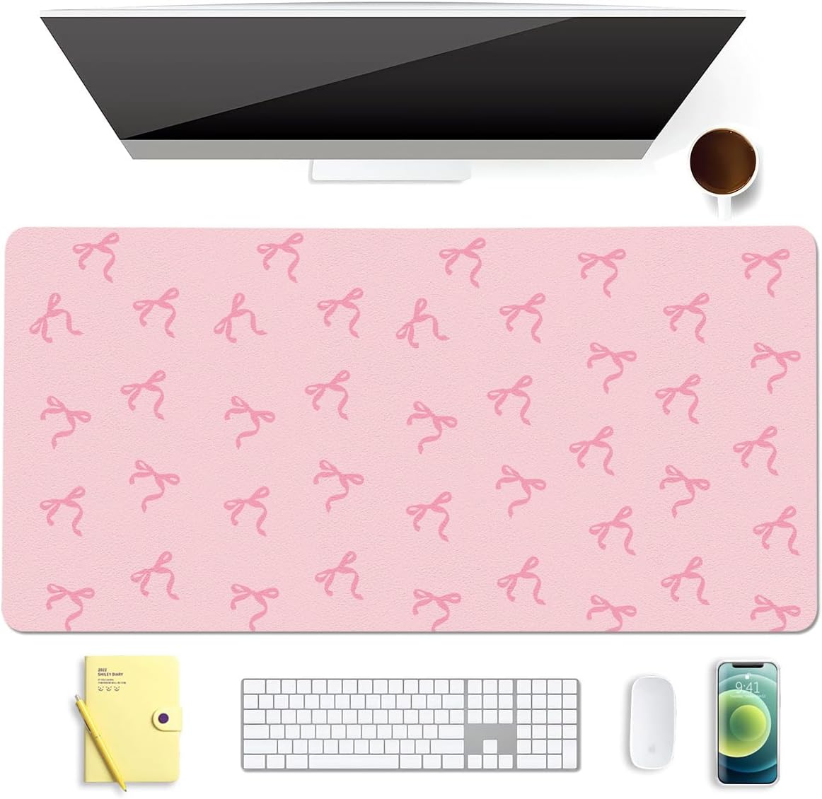 Cute Pink Bow Pink Extended Gaming Keyboard Mouse Pad, Non-Slip Leather Home Office Desk Mat Protector, Laptop Desk Pad Writing Pad