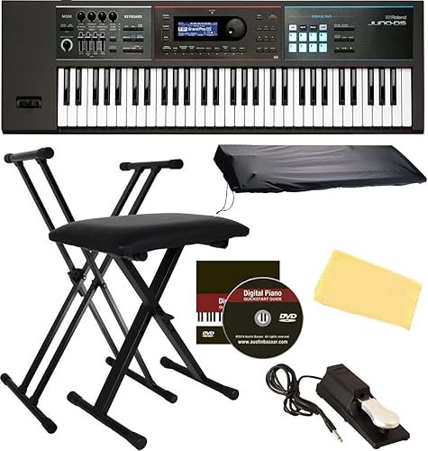 Roland Juno DS-61 - Paquete de sintetizador con pedal amortiguador Roland DP-10, soporte ajustable, banco, cubierta antipolvo, DVD instructivo
