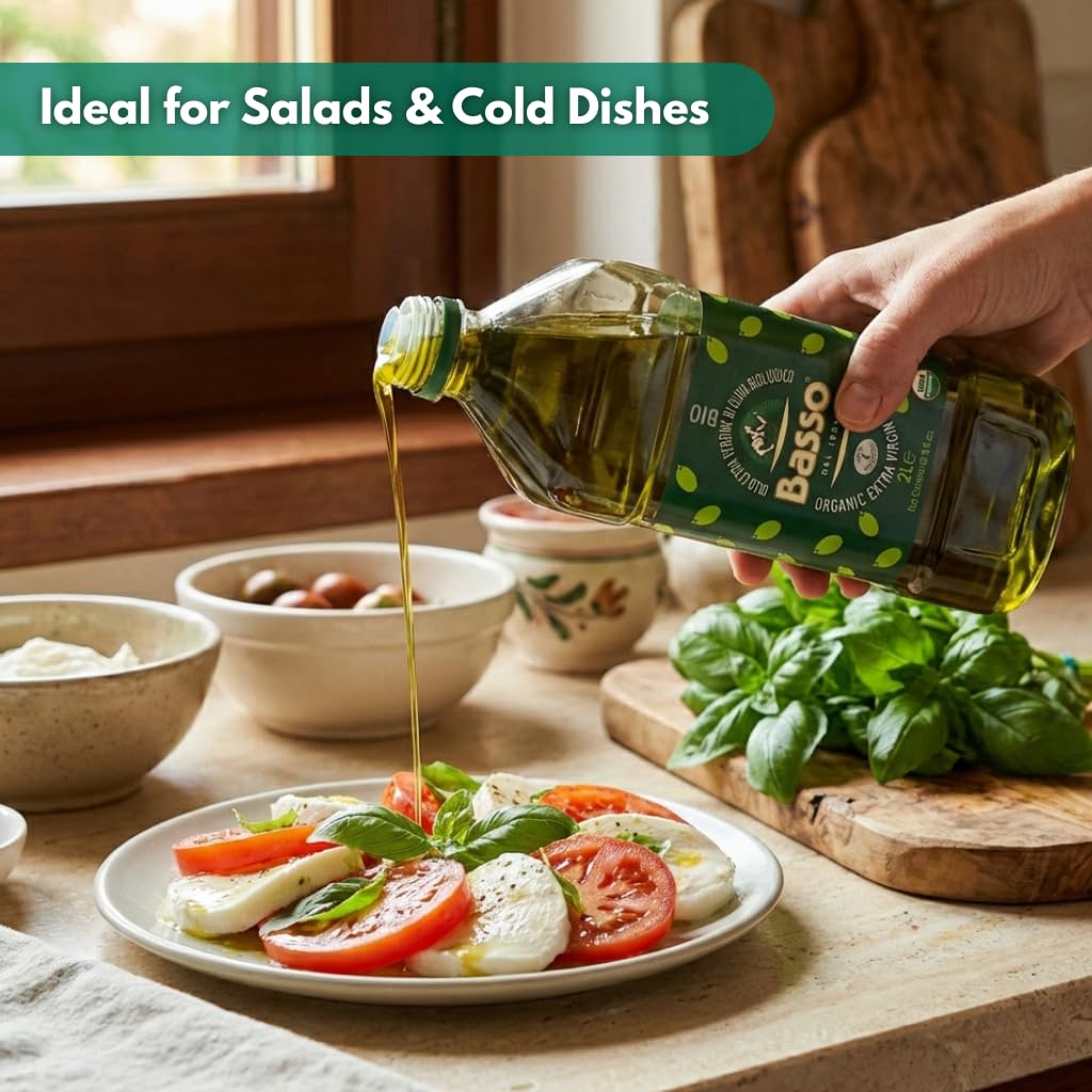 BASSO 1904 Organic Extra Virgin Olive Oil, Organic EVOO Cold Extracted, 2 Liter (67.6 fl oz)