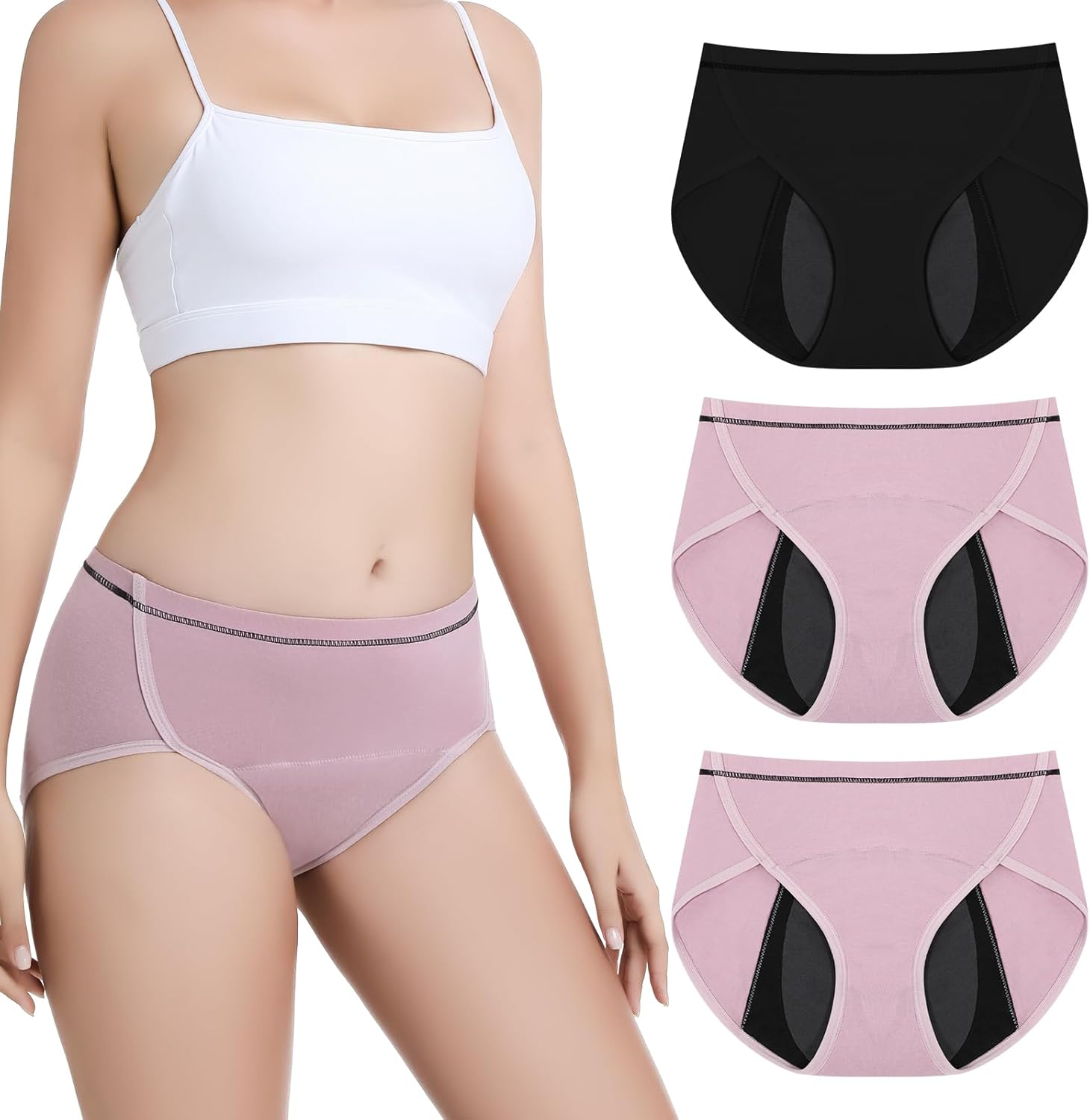 Carer 3 Pack Incontinence Underwear for Women, Washable 120ml High Absorbency Womens Incontinence Panties, Reusable Leakproof Protection Briefs for Bladder Leakage L(Black,Pink, Black/Pink Trim)