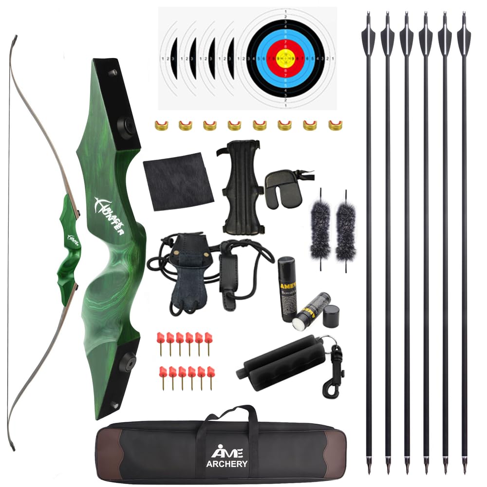 60” Black Hunter Original Recurve Bow Set American Hunting Longbow Archery Woodbow 20-60lbs Right/Left Handed for Archery Hunting Shooting Practice (Left hand Green, 50 Ibs)