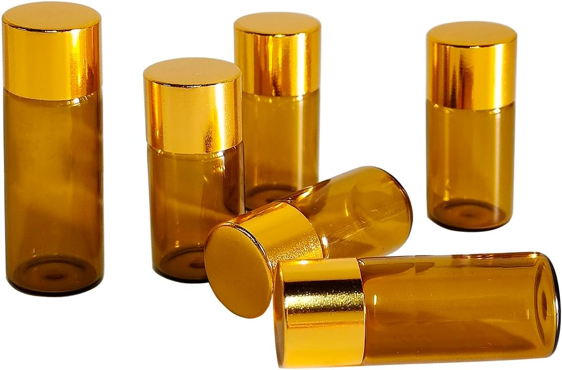 50Pcs 5ml Amber Mini Essential Oil Bottles Sample Bottles with Orifice Reducers and Gold Caps,3/5ml Amber Glass Bottles Vials,for Perfume Aromatherapy Cosmetic Oils Container