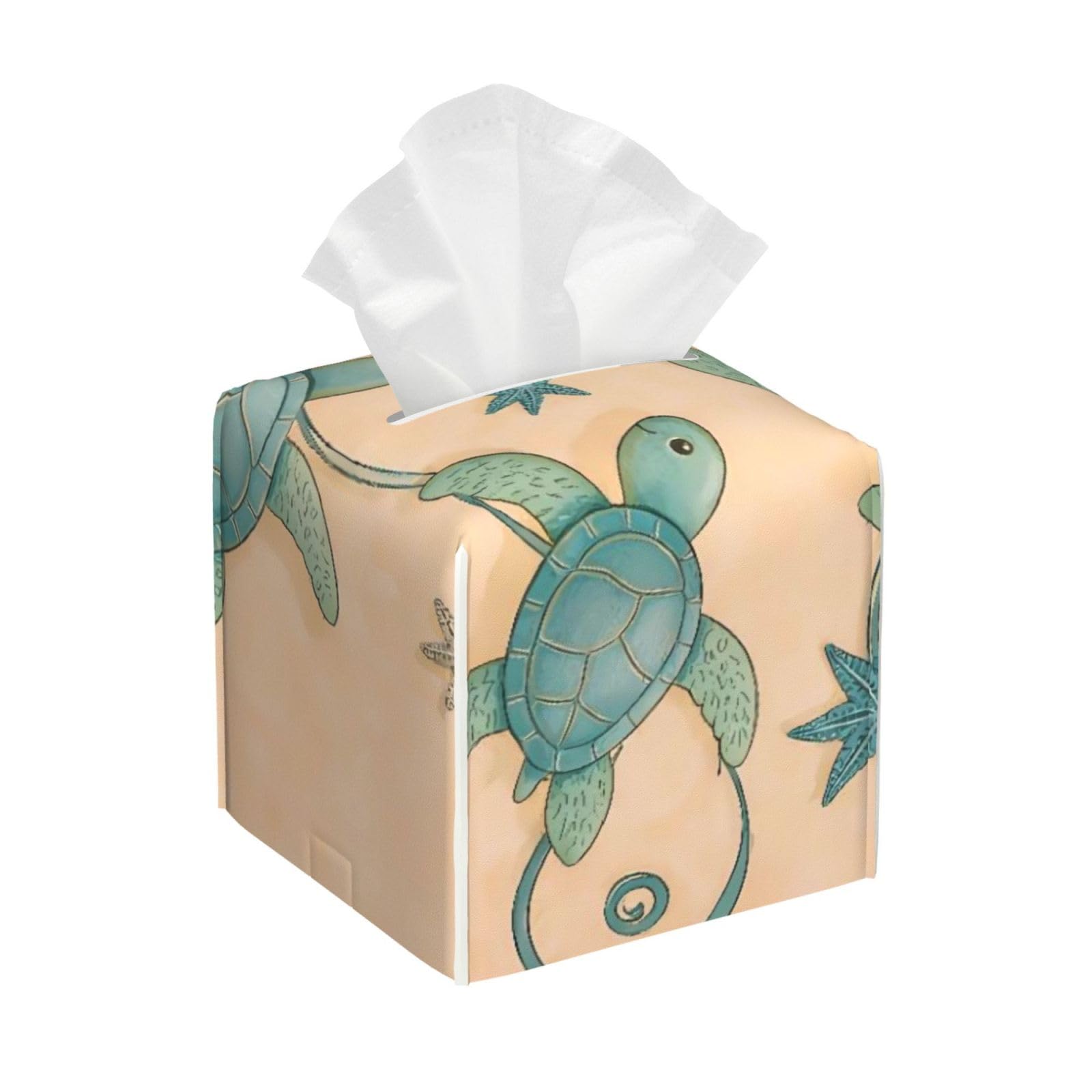Ocean Sea Turtle Leather Tissue Box Cover Holder Square Facial Paper Organizer 5.2" X 5.2" X 5.2"