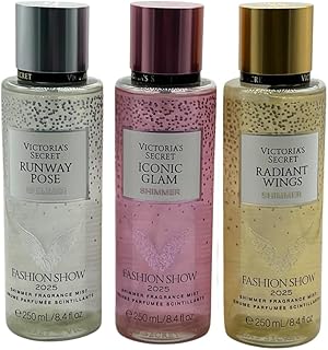 Victoria's Secret FASHION SHOW 2025 Radiant Wings, Runway Pose & Iconic Glam Shimmer Fragrance Mist Collection 3pc Limited Edition Gift Set with 30-Inch Metallic Gold & Silver Striped Ribbon Bow