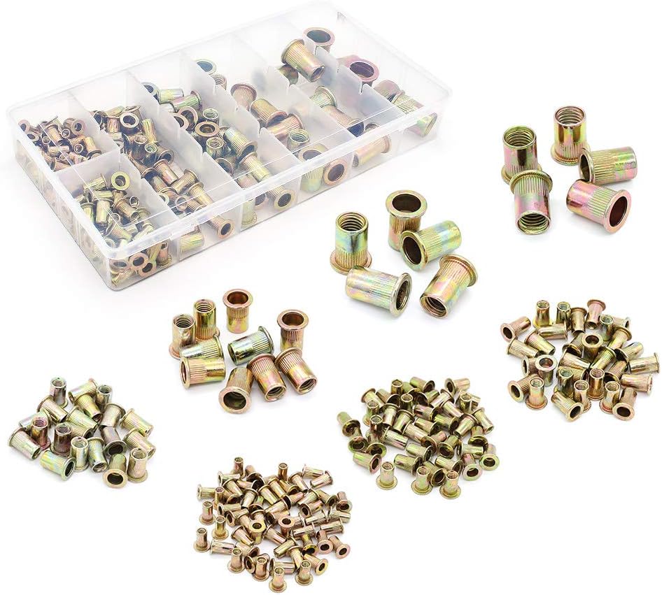 Yuhtech 165PCS Zinc Plated Carbon Steel Rivet Nut Kit, M3 M4 M5 M6 M8 M12 Flat Head Threaded Rivet Nuts, Nut Insert Cap Assortment Kits