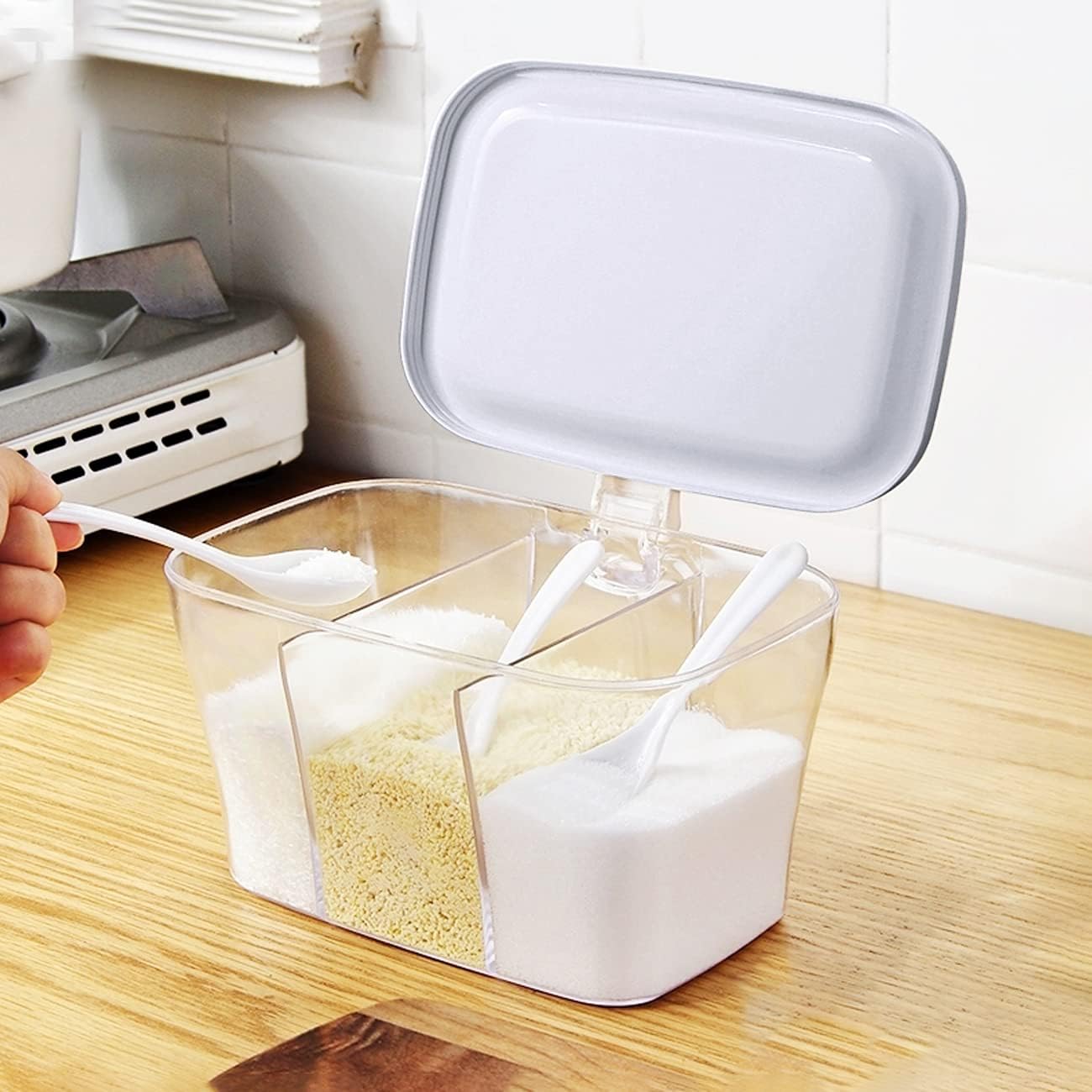 WICHEMI Clear Seasoning Storage Box Container Condiment Jars Kitchen Spice Pots Seasoning Rack Acrylic Seasoning Box with Cover and Spoon, 3 Compartment (White)
