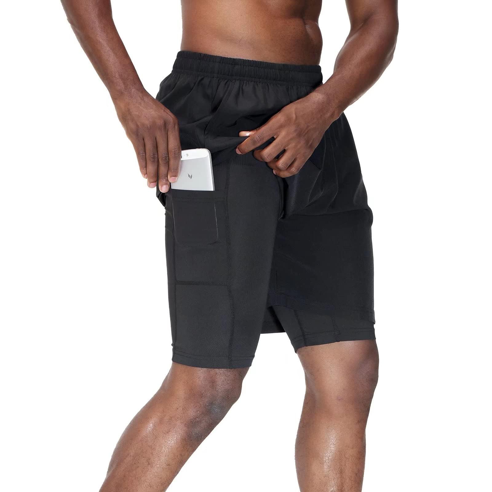 HMIYA Herren 2 in 1 Shorts Fitness Sporthose Kurz Jogginghose Schnelltrocknende Laufhose mit Kompressionsshorts und Taschen Reißverschlussfach