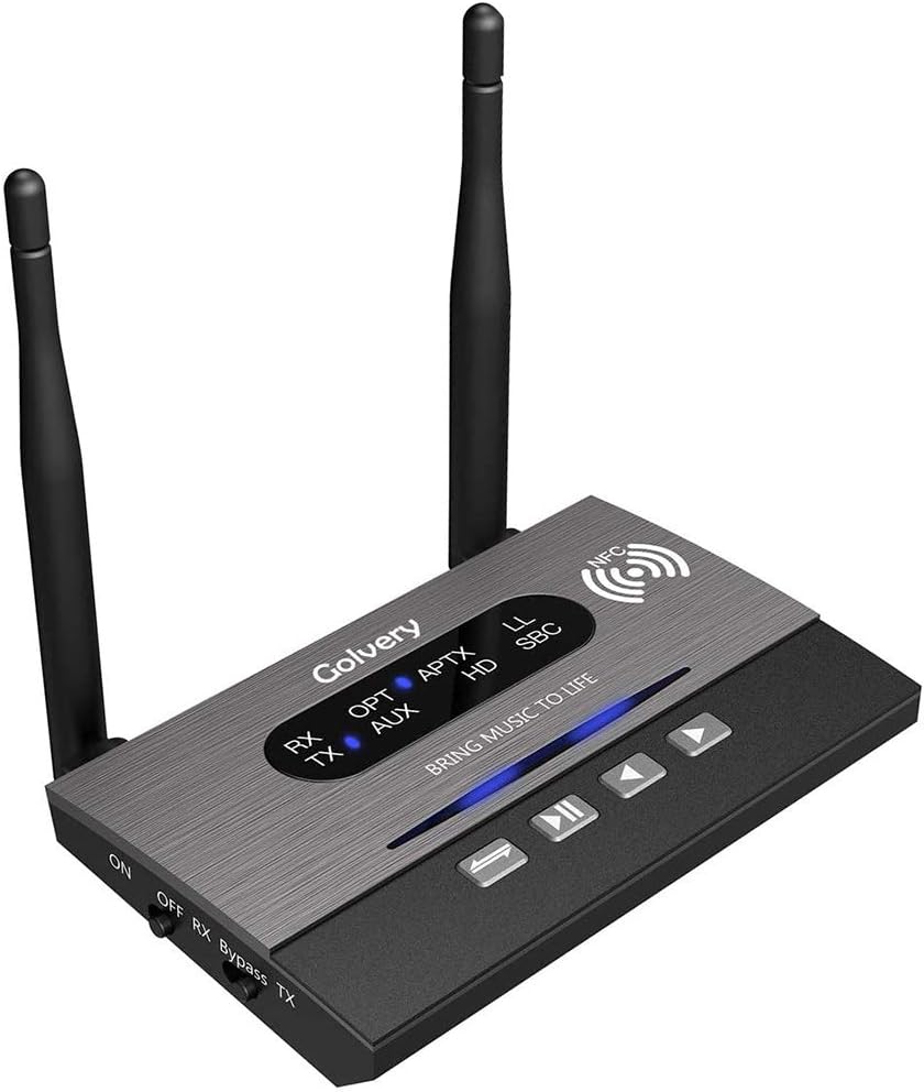 Golvery Long Range Bluetooth 5.0 Transmitter/Receiver/Bypass 3-In-1 Wireless Audio Adapter for TV Home Audio Stereo System, AptX HD&Low Latency, NFC Link, Full Aux RCA Optical Toslink Port Support