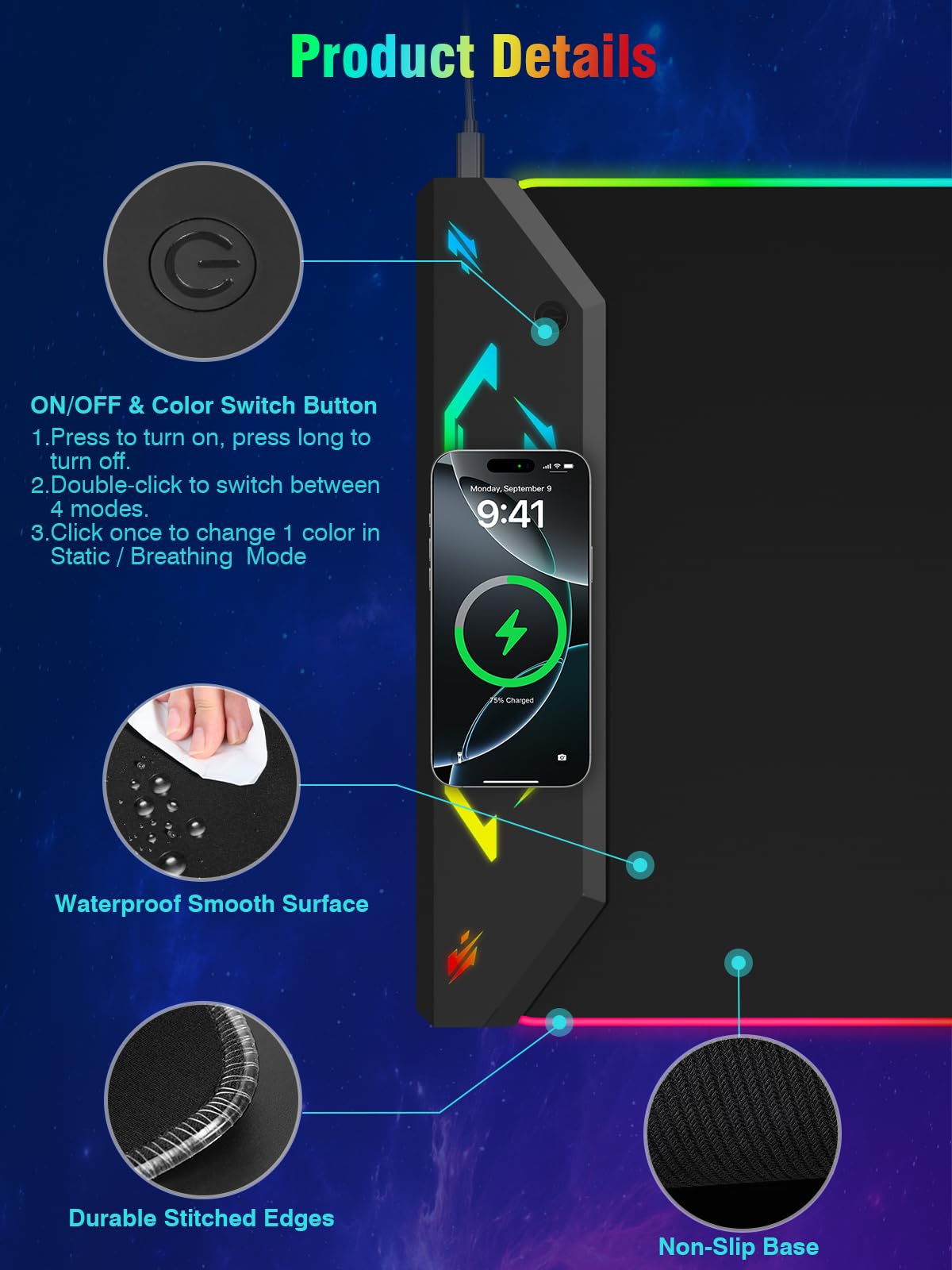Alfombrilla de mouse para juegos RGB, 35 x 15.8 pulgadas, alfombrilla de escritorio para teclado grande con carga inalámbrica magnética para iPhone, 24 efectos de luz, base antideslizante, superficie