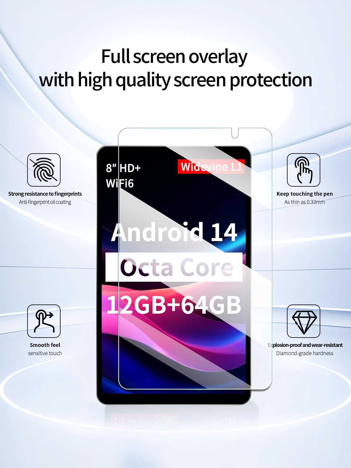 Protector de pantalla para tabletas Topsand M8 Android 14 de 8 pulgadas, procesador Octa-Core 2024, dureza 9H antiarañazos, sensible al tacto, bordes redondeados 2.5D, sin burbujas, fácil de instalar, 2