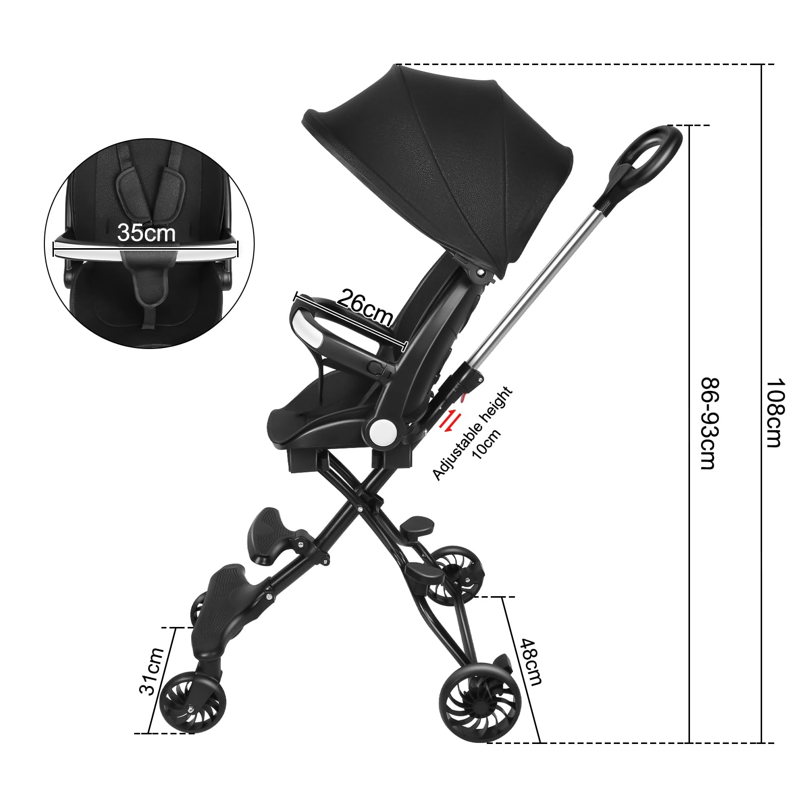 Poussette Canne, 0-4 ans, 0-25 kg, Poussette Bebe Légère et Compacte, Position Allongée, Pliage Automatique,30 * 55 * 86,5 cm - Noir