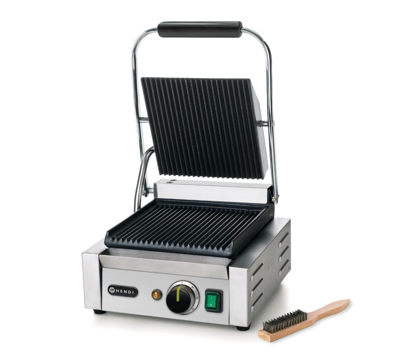 HENDI Kontaktgrill, einzeln, gerillte Ausführung, inkl. Grillreinigungsbürste, Temperatur bis 300°C regelbar, Grillfläche 220x232mm, Elektrogrill, 230V/1800W, 310x375x(H)216mm, Edelstahl