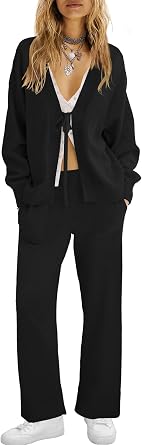 ReachMe Womens 2 Piece Lounge Sets Oversized Fall Outfits Cardigan Sweaters Wide Leg Pants Knit Matching Set Tracksuits