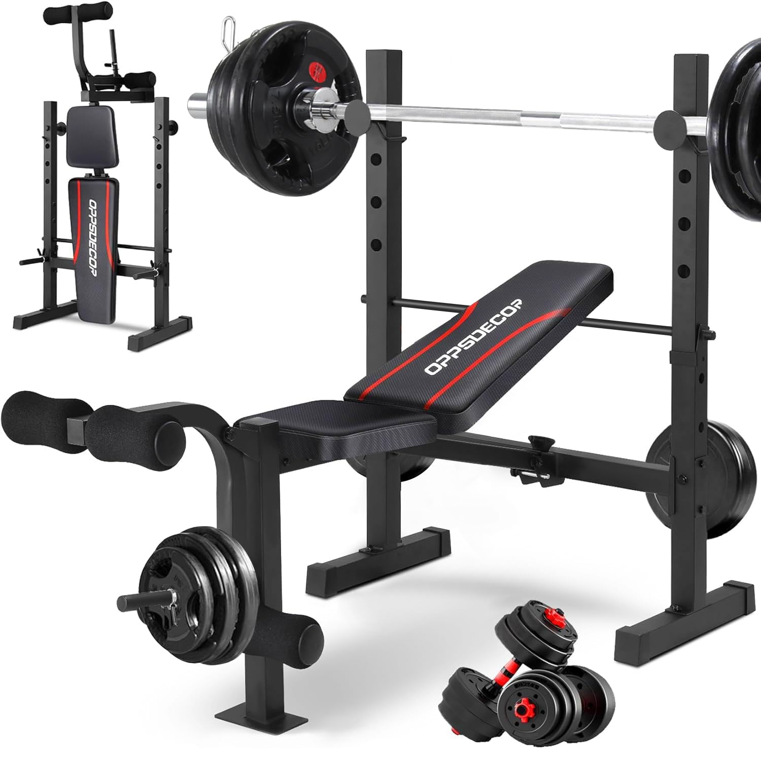 OPPSDECOR Standard Weight Bench Set with Squat Rack, 600LBS Adjustable Bench Press Set with Leg Extension and Leg Curl, Foldable Flat Incline Decline Workout Bench for Home Gym Full Body Training (Black)