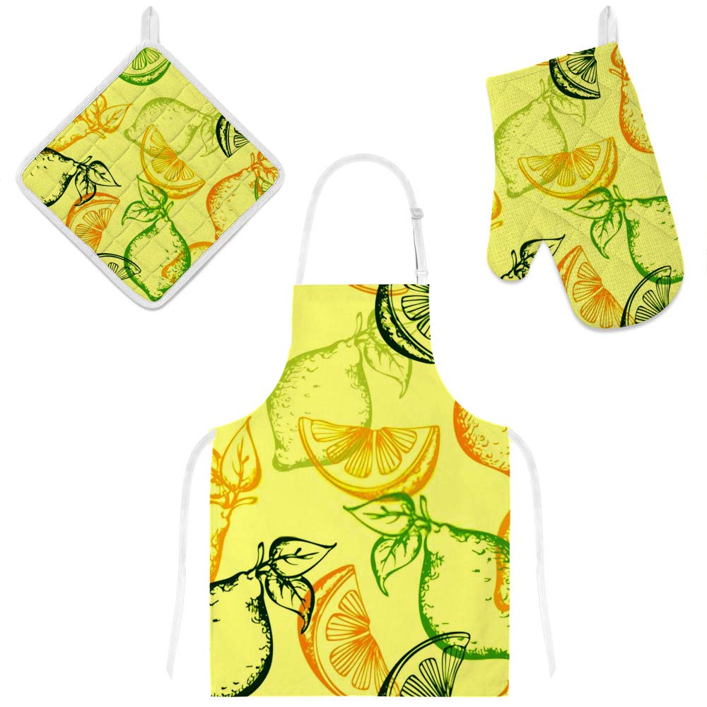 Tablier de cuisine 3 pièces avec manique et gant aux motifs géométriques créatifs