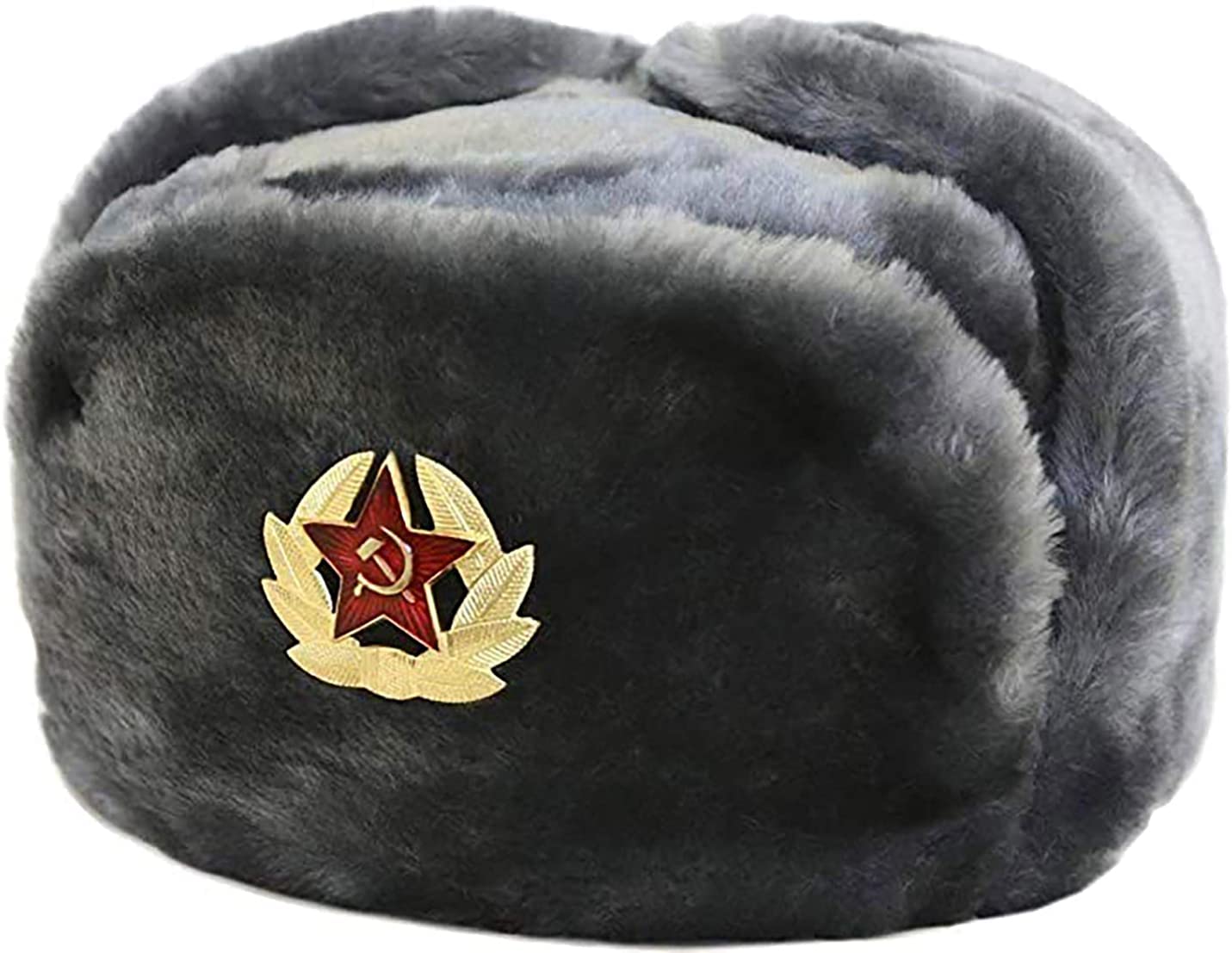 Russian Military Hat with Ear Flaps and Removable Soviet Badge, Trapper Ski Hat for Winter