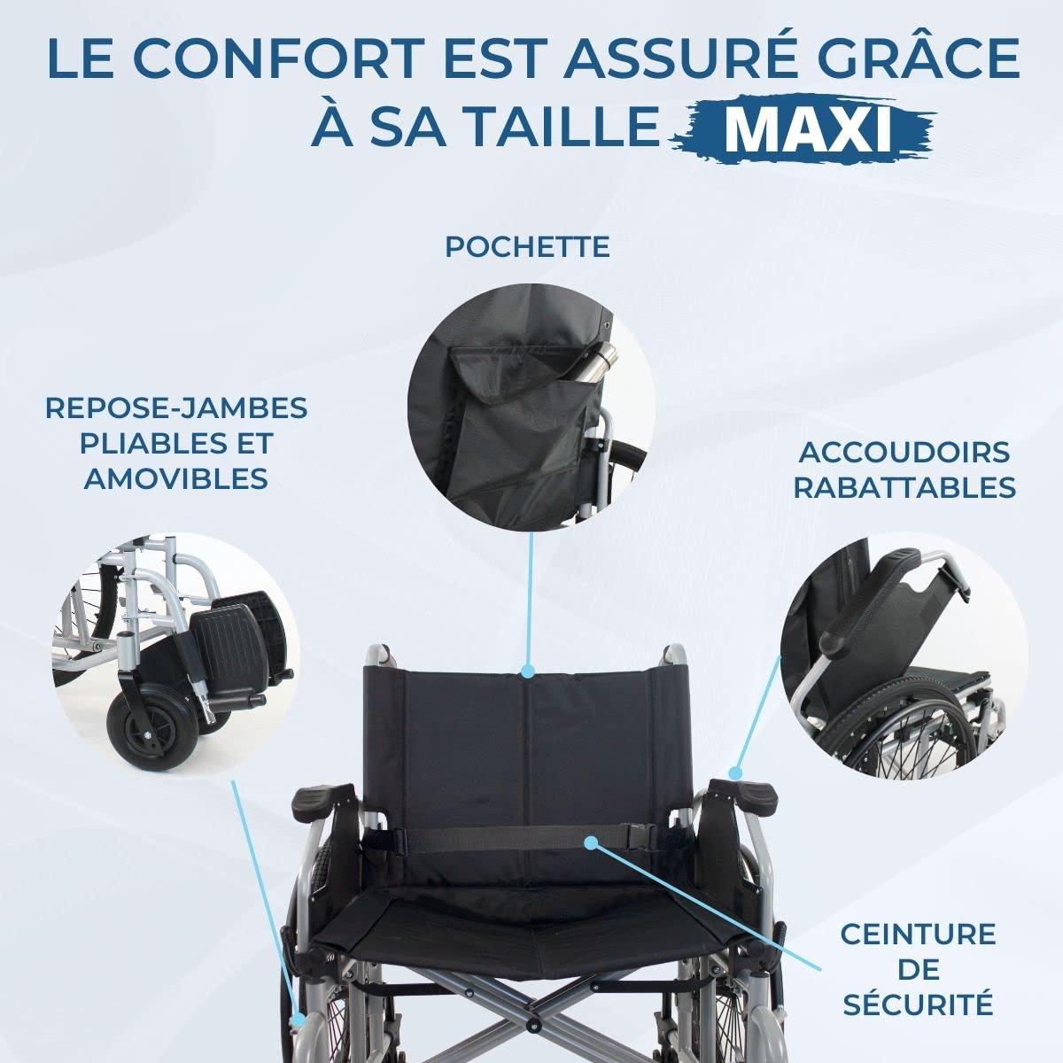 Mobiclinic®, Fauteuil Roulant Bariatrique, Largeur Spéciale 60 cm, Robuste, Max. 225 Kg, Roulettes Amovibles avec un Bouton, Système anti-Bascule, Châssis Double Croix, Accoudoirs et Repose-Pieds