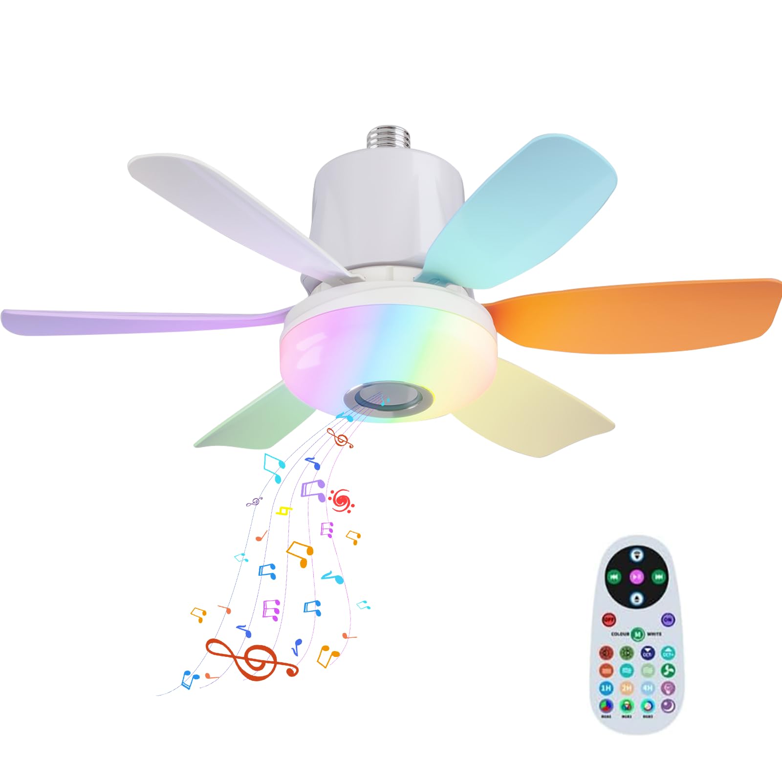 Ceiling Fan with Lights and Remote,32W E27 RGB LED Ceiling Fan Light with Bluetooth Music Player,3 Speeds,3 Colors,6 Blades and Remote Control Support RGB Colours, Music Player for Home Room (Color)